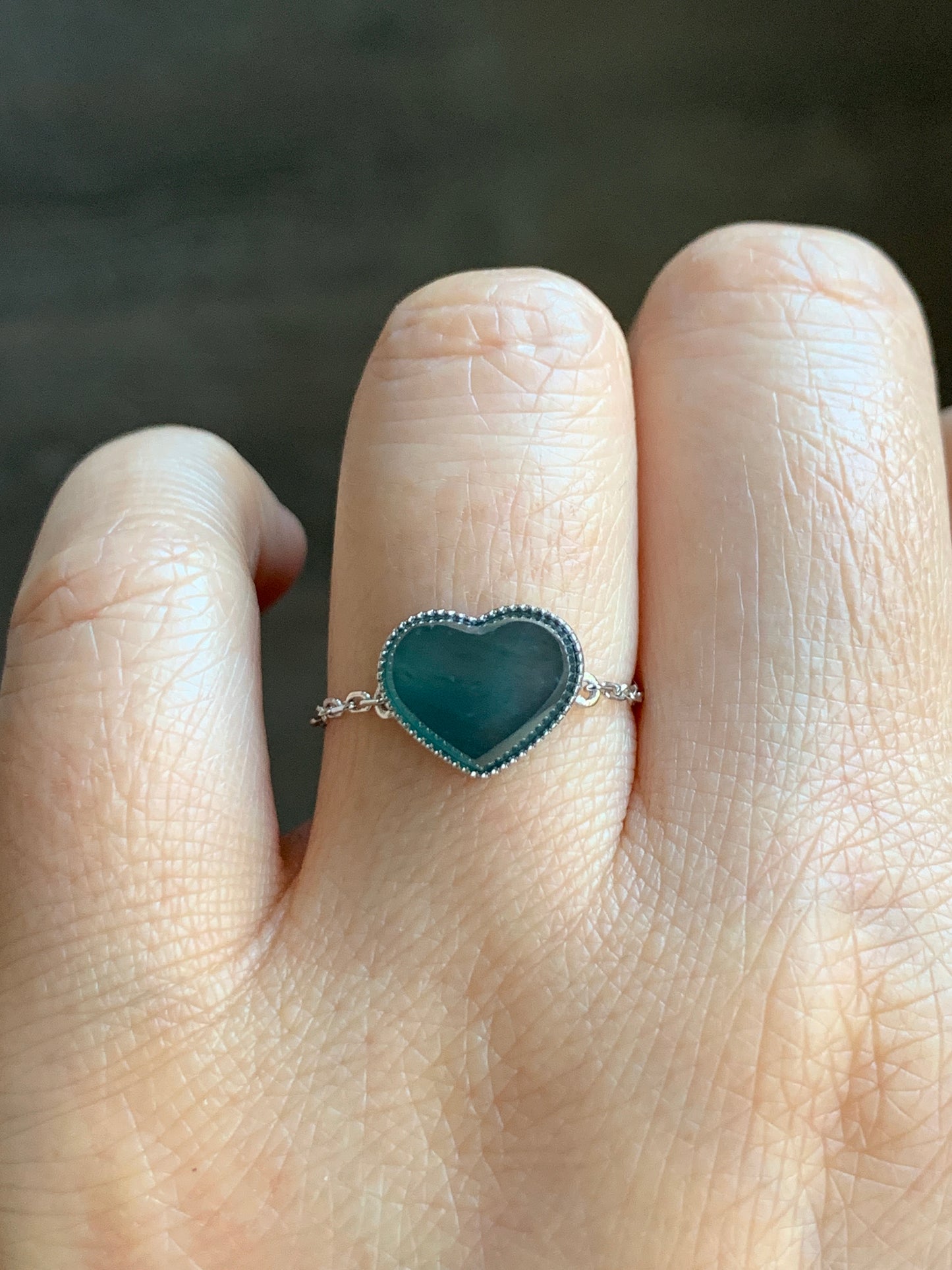 Certified Natural Grade A Icy Translucent Teal Blue Jadeite Faceted Heart Chain Ring 18K White Gold Adjustable 天然冰湖水蓝翡翠爱心镶嵌链戒