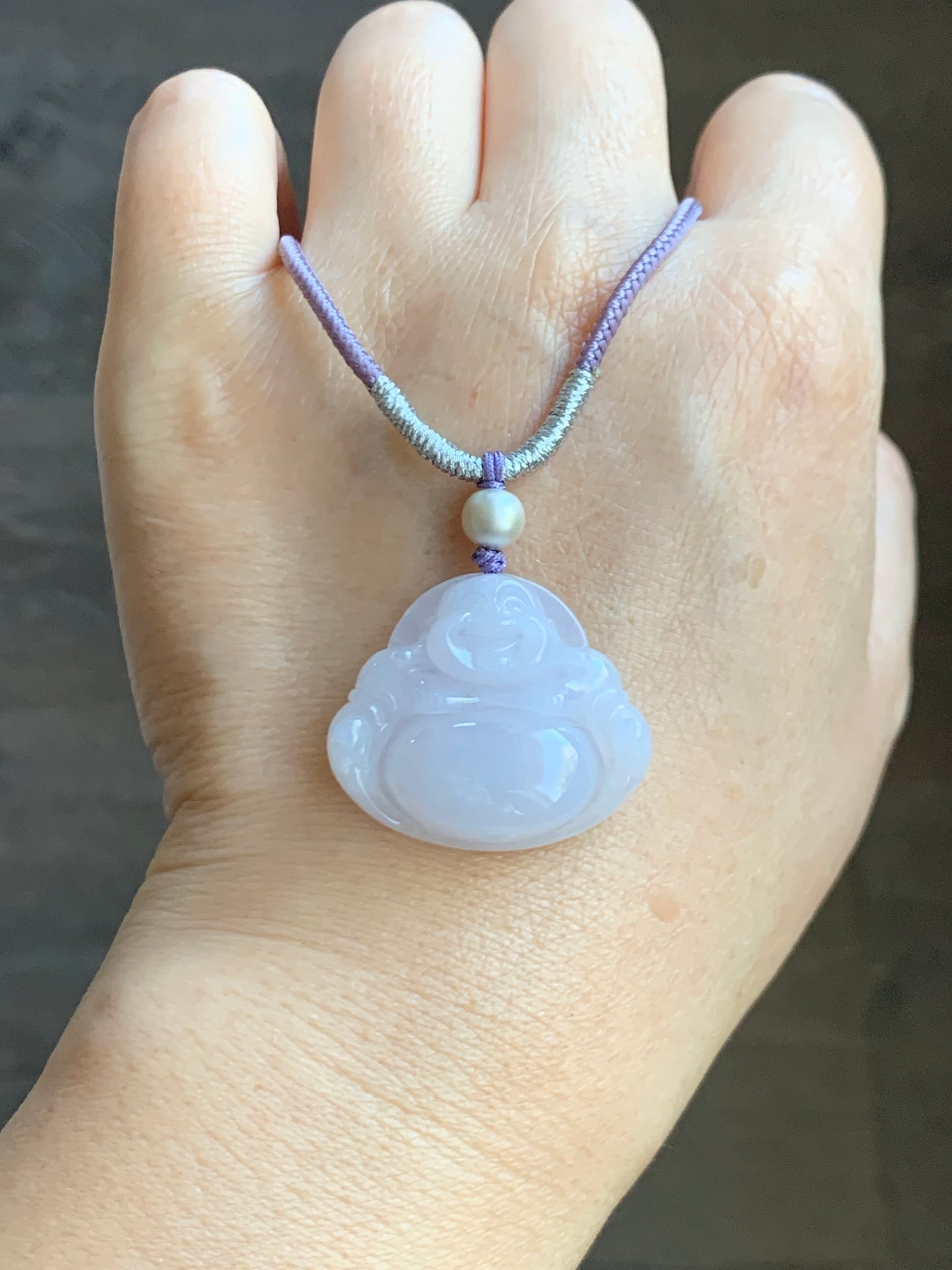 Certified Natural  Icy Translucent Pale Purple Jadeite Buddha Pendant Rope Necklace Sterling Silver 26” 天然冰淡紫底翡翠佛公吊坠 7077