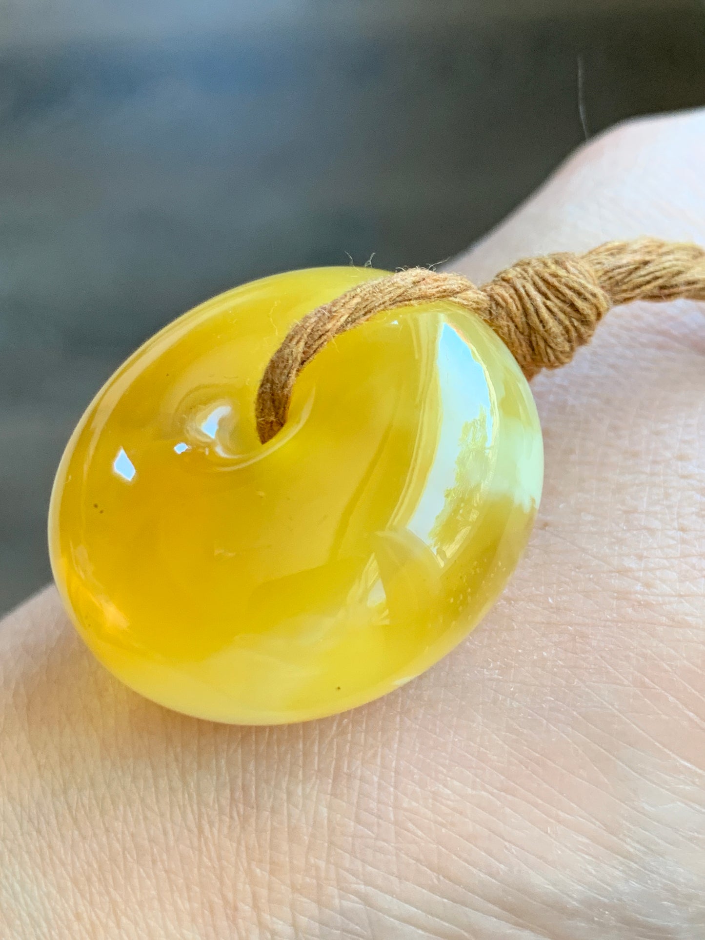 Natural Genuine Beewax Amber Large Ping An Kou Donut Rope Necklace 13g 25” Adjustable HPK550 天然蜜蜡平安扣吊坠怪件