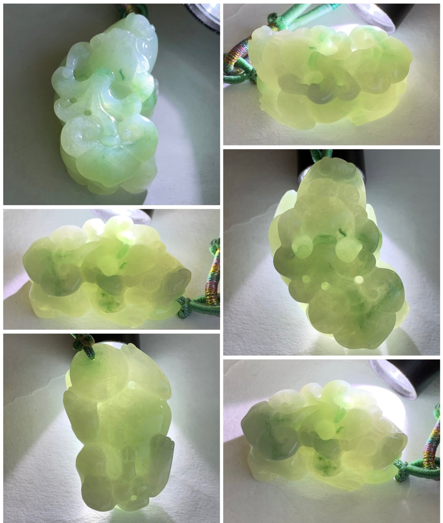 Natural Grade A Icy Translucent Gelatinous Green Marbled Jadeite Carved Pixiu Pendant Rope Necklace Adjustable 25" 24g 天然冰胶精工飘绿花翡翠貔貅吊坠
