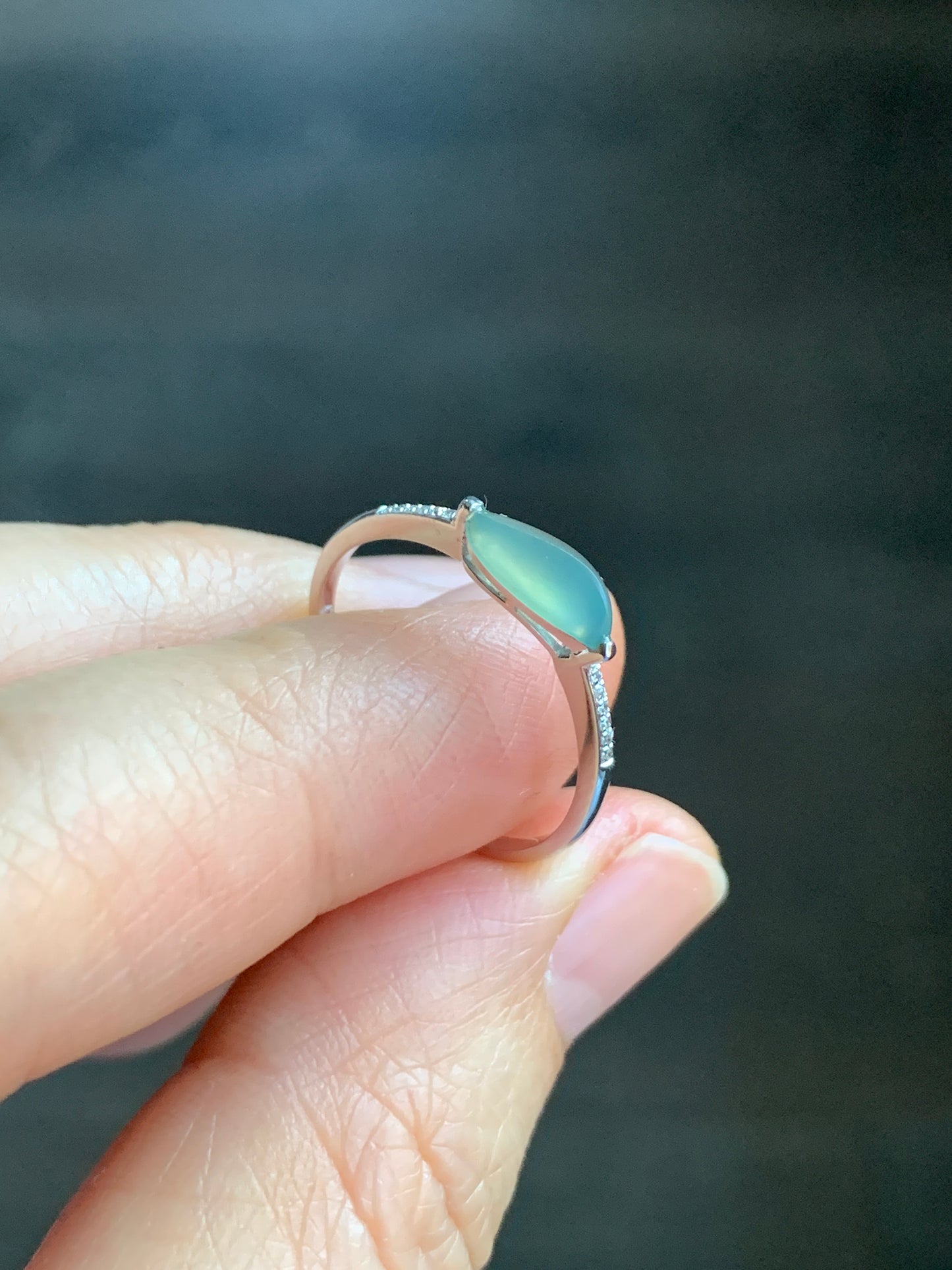 Certified Icy Highly Translucent Light Green Jadeite Horse Eye Cabochon Ring 18K White Gold  Diamonds Sz 7 US 1.38g 天然冰晴绿翡翠马眼钻石镶嵌戒指 3843