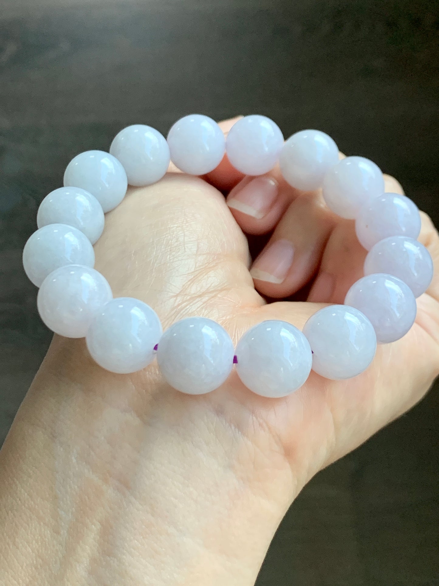 Certified Natural  Icy Translucent White Jadeite Light Lavender Undertone Beads Beaded Bracelet 13.4mm 8” 68.9g 天然冰胶紫底翡翠大卡手串 4100