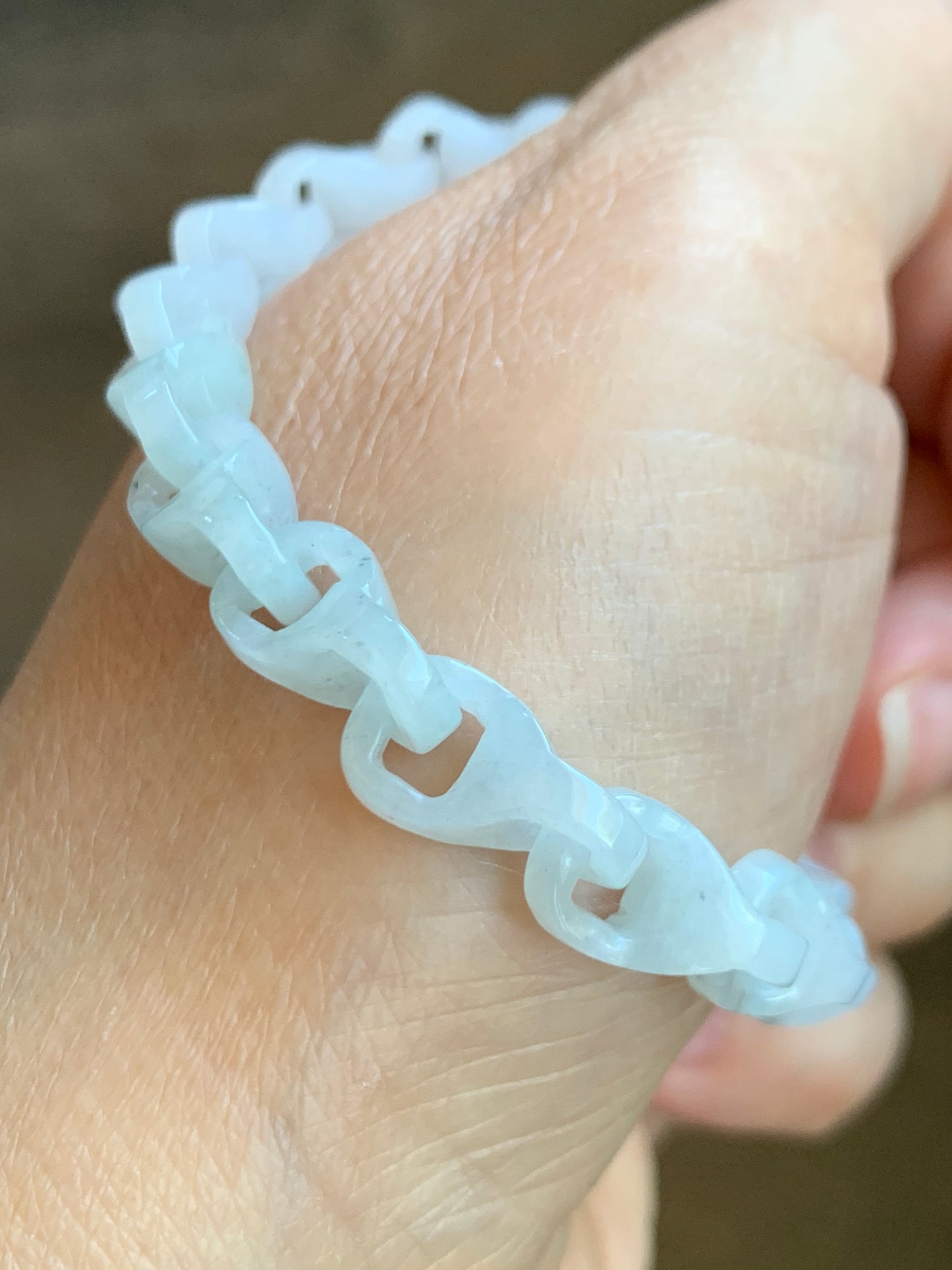 Natural Grade A Icy Translucent White Jade Jadeite Carved Interlocking Dragon Bone Chain Bracelet Sterling Silver Adjustable