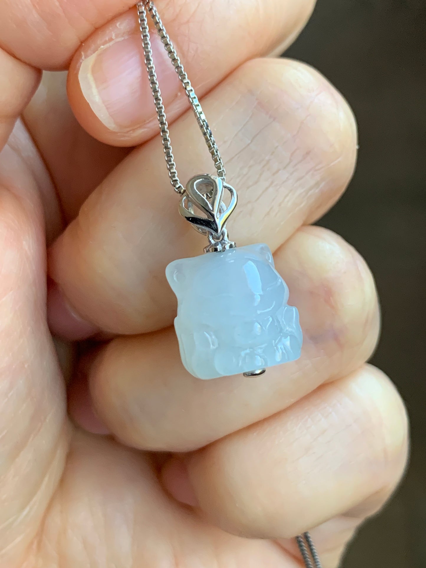 Certified Natural Grade A Icy Translucent & Gelatinous White Jadeite 3D Carved Nine-Tailed Fox Pendant 18K White Gold 天然白冰起胶翡翠九尾狐狸镶嵌吊坠 6756