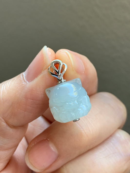 Certified Grade A Natural Icy Translucent & Gelatinous White Jadeite 3D Carved Nine-Tailed Fox Pendant 18K White Gold 天然白冰起胶翡翠九尾狐狸镶嵌吊坠 6757