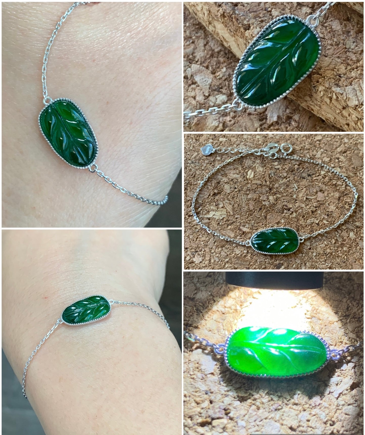 Certified Natural Grade A Guatemalan Intense Green Jade Jadeite Carved Leaf Bracelet 18K White Gold Adjustable 6-6.75” 2.15g 天然冰危绿翡翠叶子镶嵌手链
