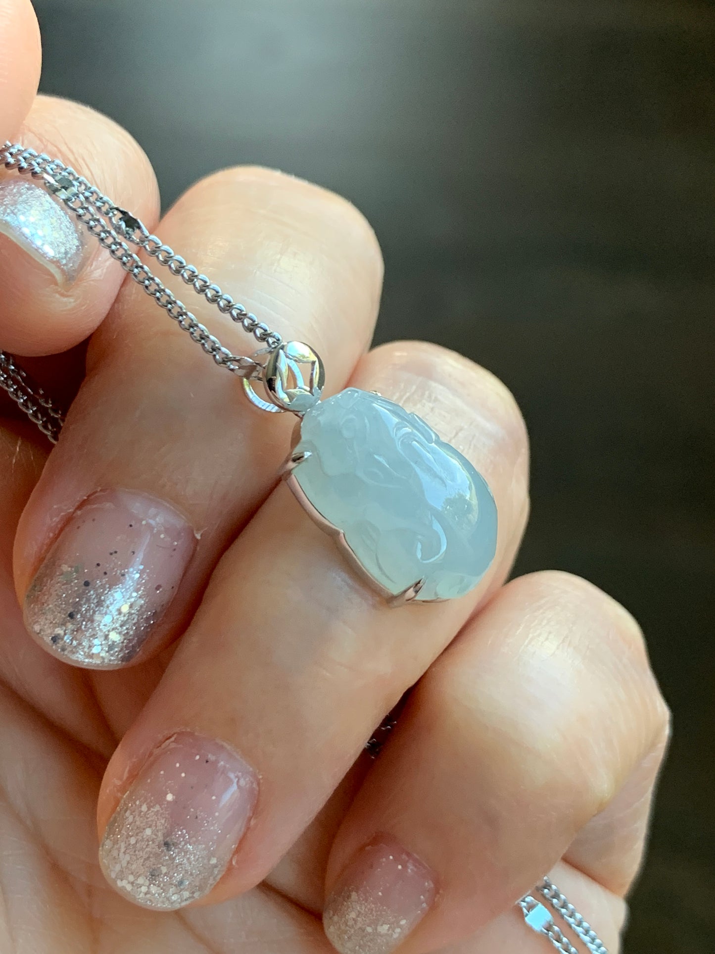 Certified Natural Grade A Icy Translucent Gelatinous Pastel Dusty Blue Jadeite Carved Petite Pixiu Pendant 18K White Gold 天然冰胶淡蓝翡翠貔貅镶嵌吊坠2296