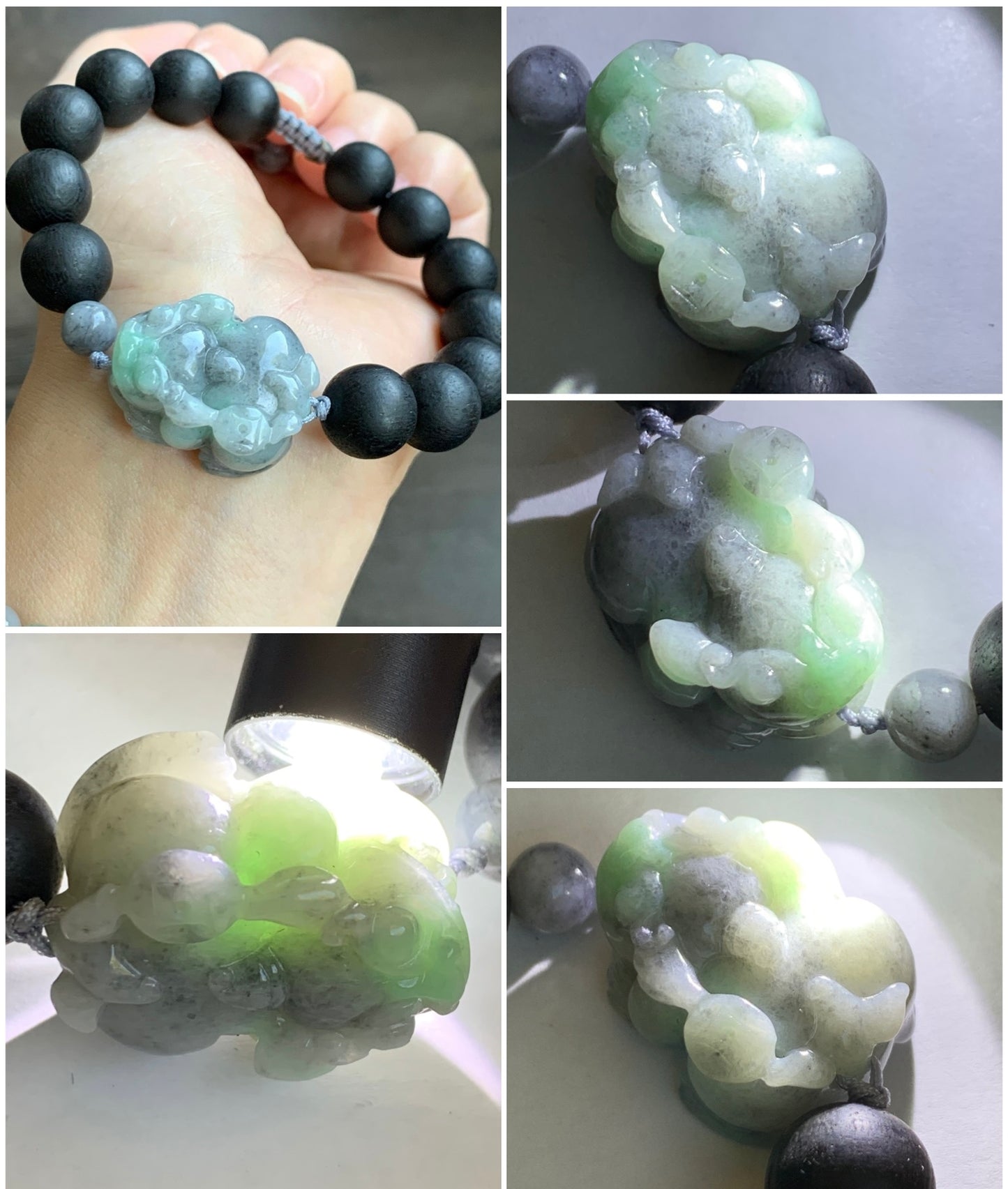 Large Natural  Icy Wuji Jadeite with Green Marbling Carved Pixiu Black Agarwood Beaded Bracelet 7.75" 天然细糯乌鸡带绿翡翠貔貅土沉香木珠手串