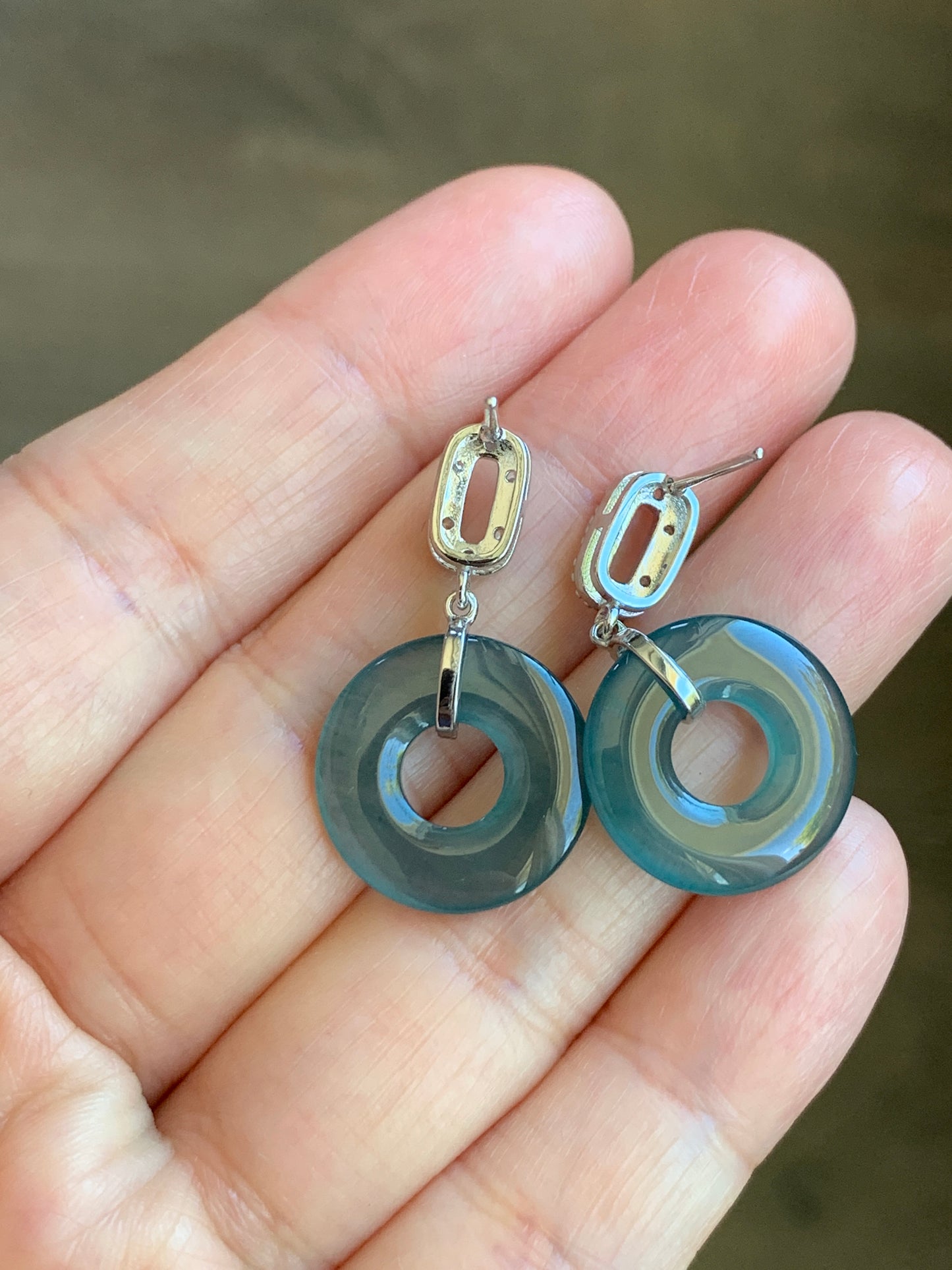 Natural Guatemalan Icy Translucent Dark Teal Blue Jadeite Ping An Kou Donut Stud Earrings Sterling Silver天然冰危深蓝绿翡翠平安扣耳钉