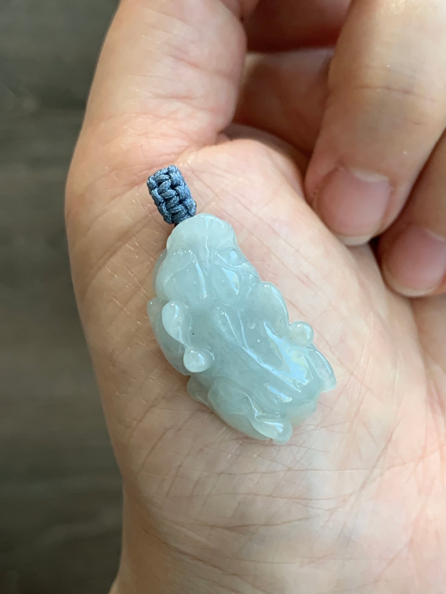 Natural Grade A Icy Translucent Gelatinous Pastel Dusty Blue Jadeite Pixiu Pendant Rope Bail with Black Cord Necklace 11g 天然冰胶淡蓝翡翠貔貅吊坠