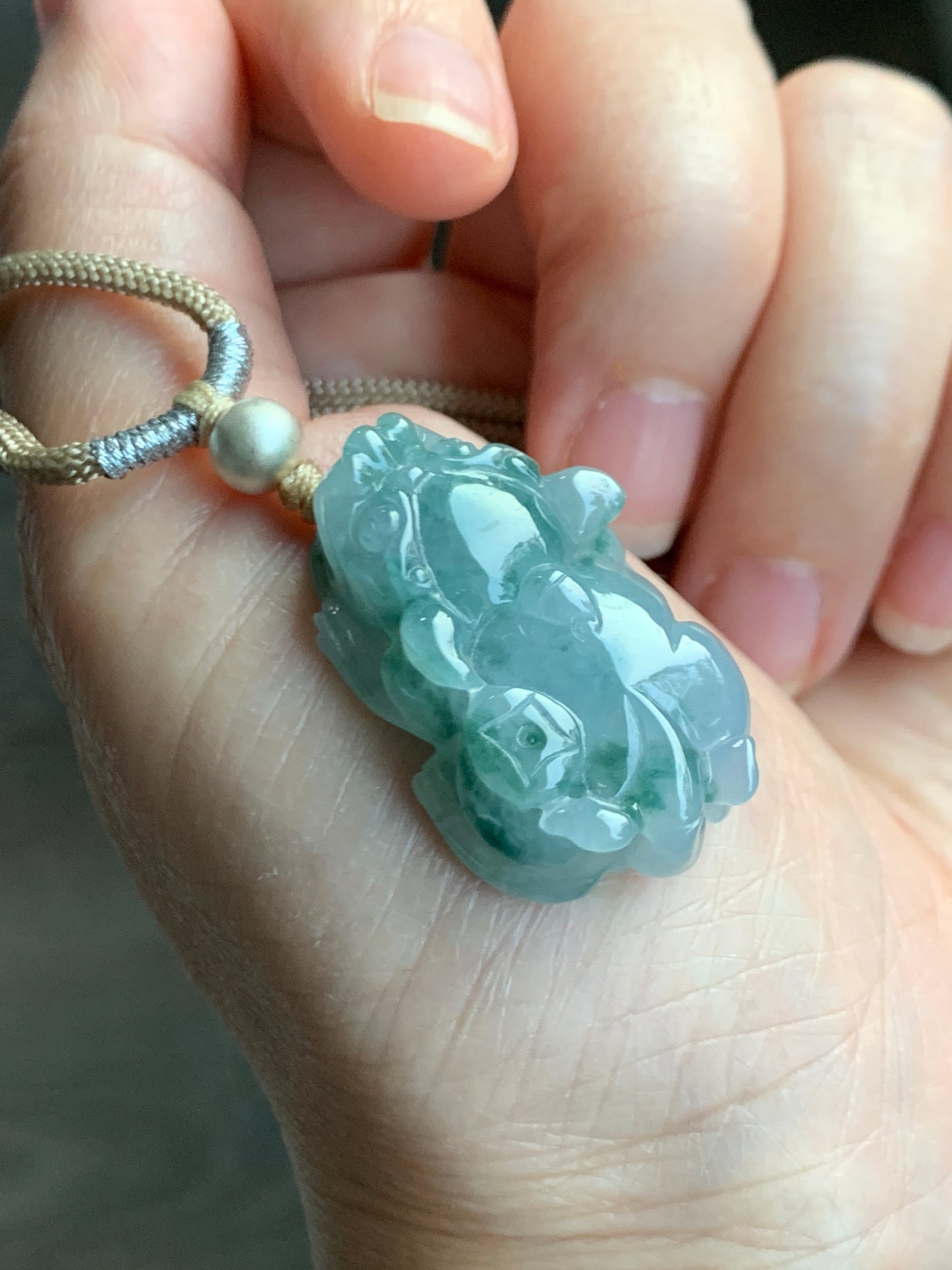 Natural  Icy Translucent Gelatinous Teal Green Marbled Jadeite Pixiu Pendant Rope Necklace Sterling Silver 14g 天然冰胶飘花翡翠貔貅吊坠