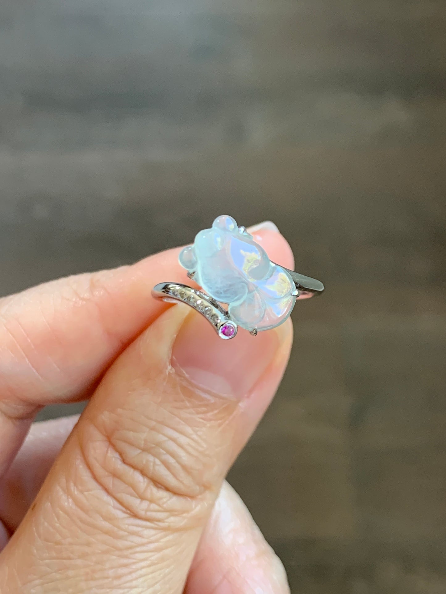 Certified Natural  Transparent White Jadeite Carved Goldfish Diamond & Ruby Ring 18K White Gold sz 7 天然高冰起钢翡翠金鱼钻石红宝镶嵌戒指