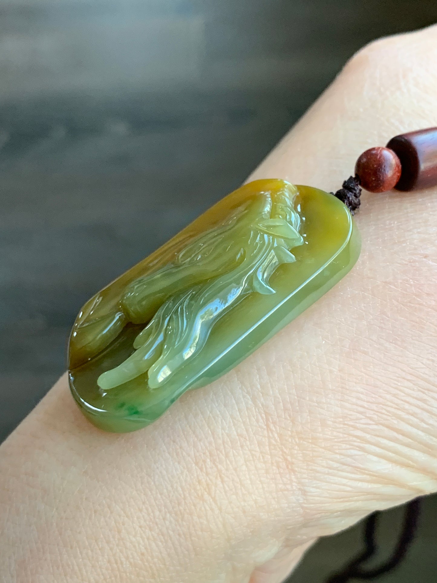 Stunning Natural Guatemalan grade A Icy Translucent Intense Yellow Jadeite w/ Green Marbling Horse Pendant Rope Necklace 天然冰危浓黄飘绿翡翠马牌吊坠挂件