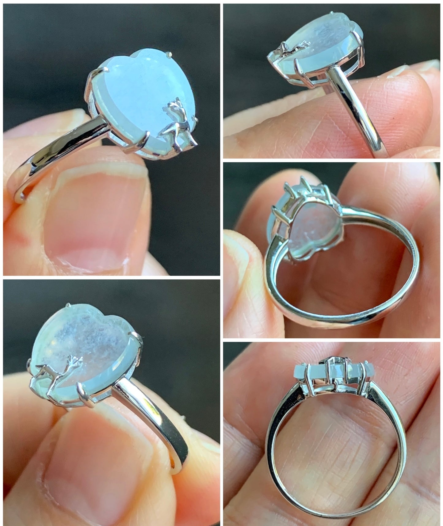Certified Natural Grade A Premium Icy Transparent White Jadeite Heart w/ Deer Ring 18K White Gold Size 7 2.38g 天然玻璃种起钢白冰翡翠爱心小鹿镶嵌戒指 3887