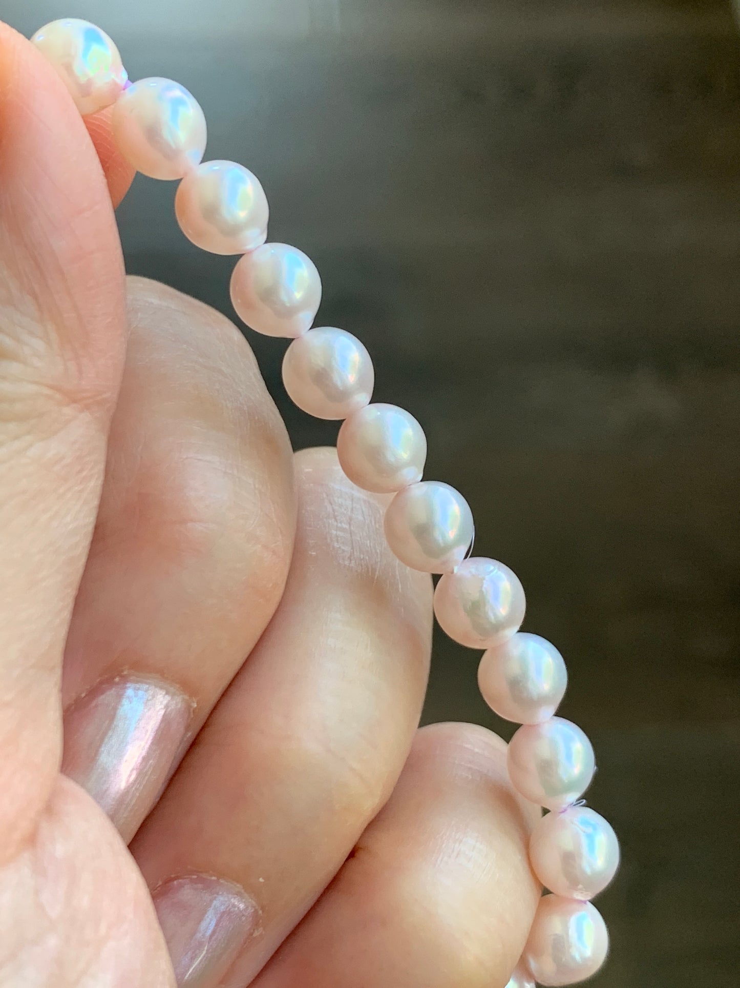 Natural Saltwater Akoya Peachy Blush Pearls and 925 Sterling Silver Ball Beaded Bracelet Stretchy 7” 天然淡粉海水珍珠纯银珠手串