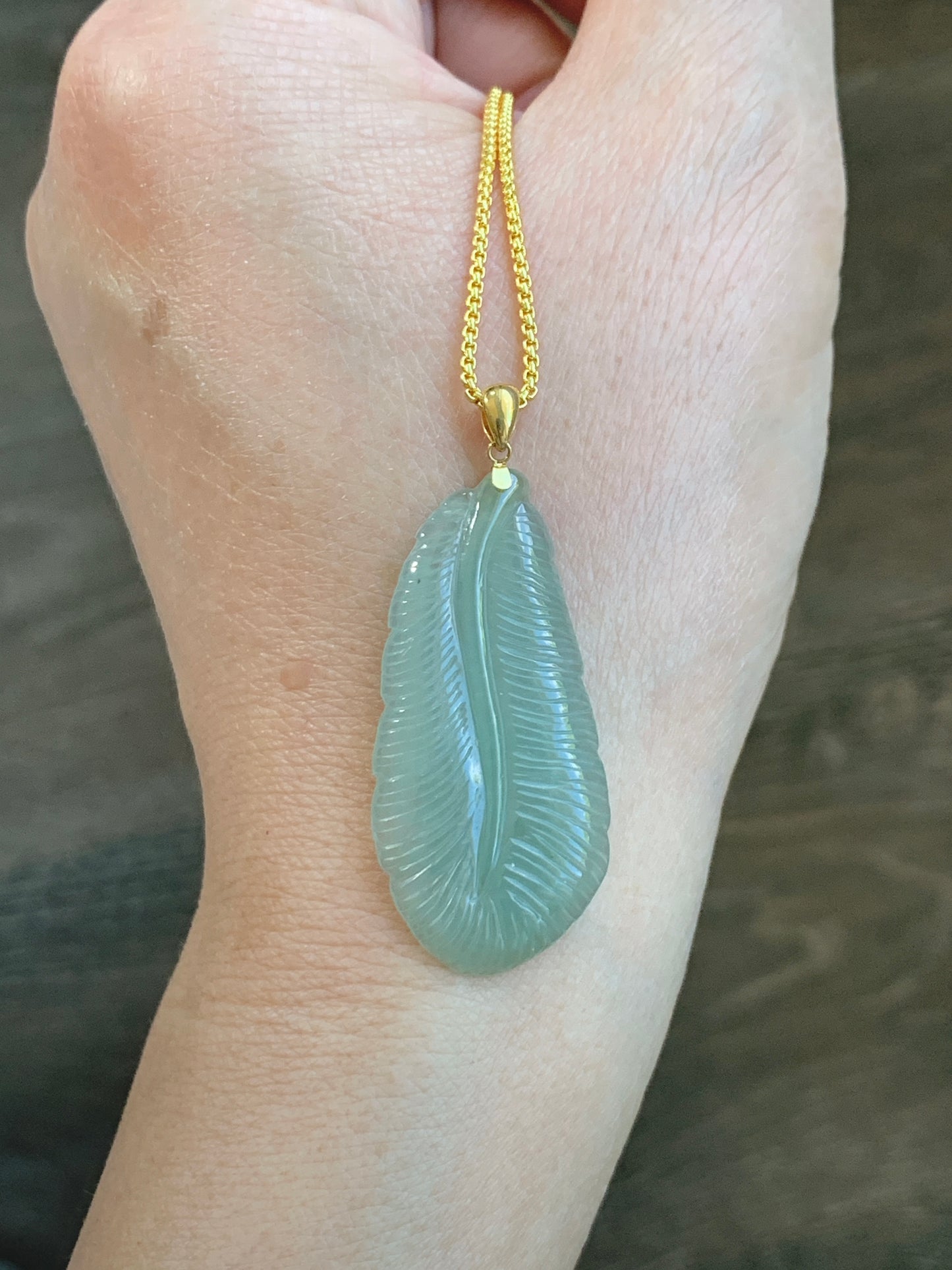 Natural Grade A Icy Translucent Light Green Jade Jadeite Carved Large Feather Pendant 18K Yellow Gold Bail 天然冰绿翡翠羽毛镶嵌吊坠 MQL228