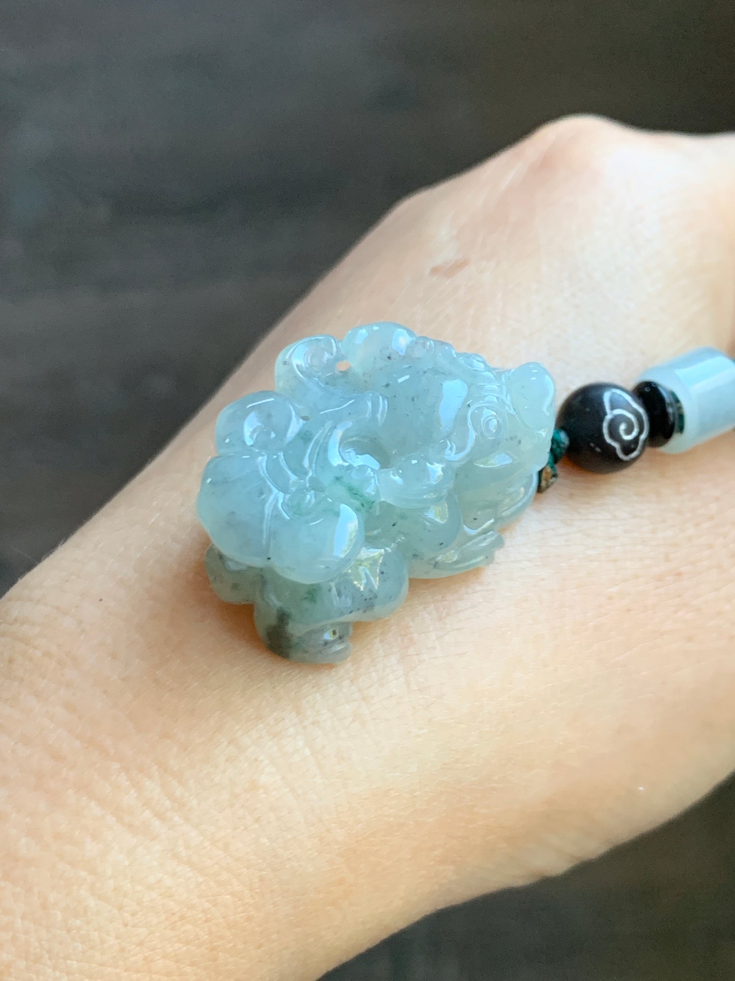 Large Natural Grade A Icy Translucent Gelatinous Green Marbled Jadeite Pixiu Pendant Rope Necklace 26" Adjustable 天然冰胶飘海草绿花貔貅吊坠挂件