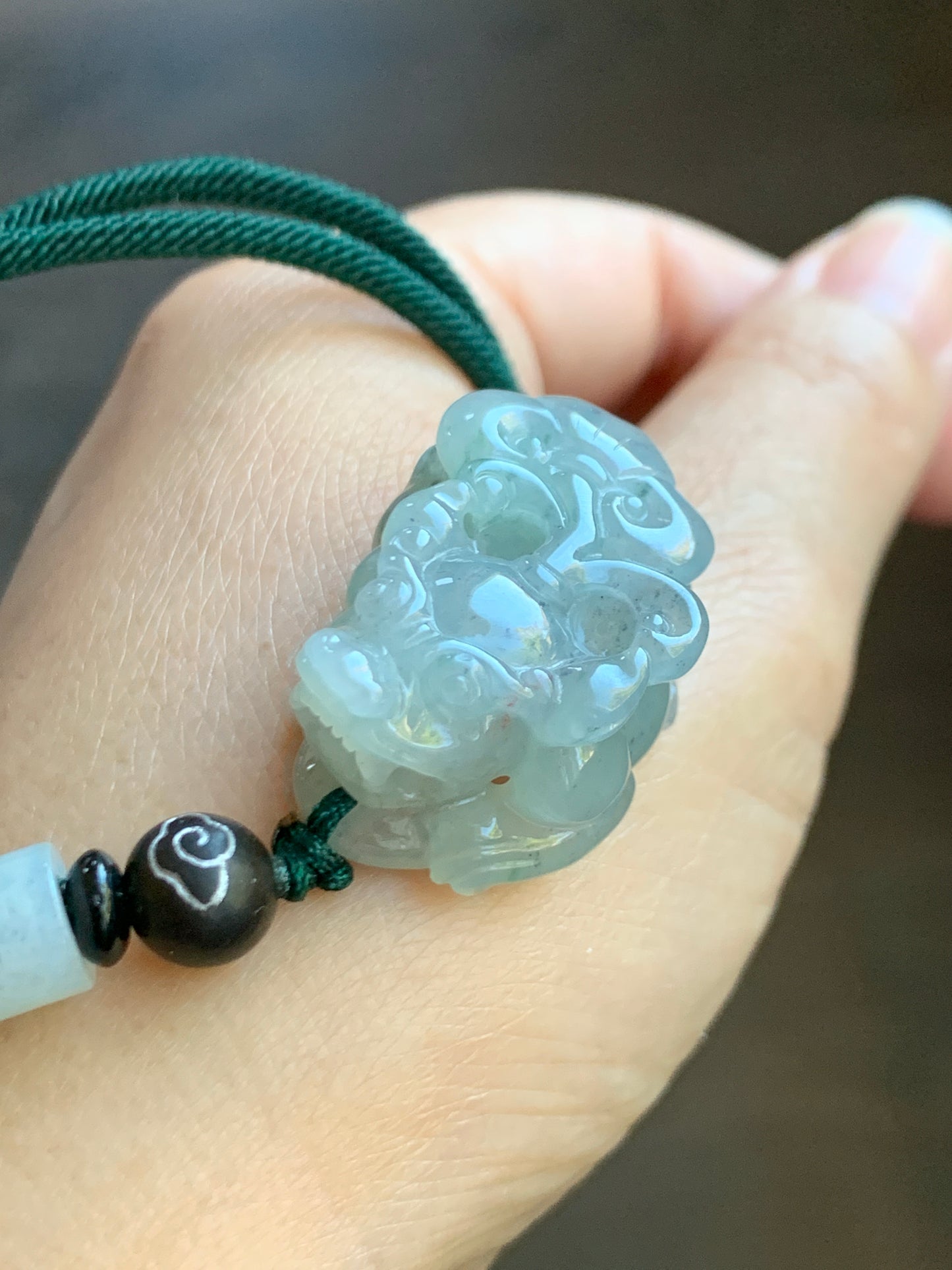 Large Natural Grade A Icy Translucent Gelatinous Green Marbled Jadeite Pixiu Pendant Rope Necklace 26" Adjustable 天然冰胶飘海草绿花貔貅吊坠挂件