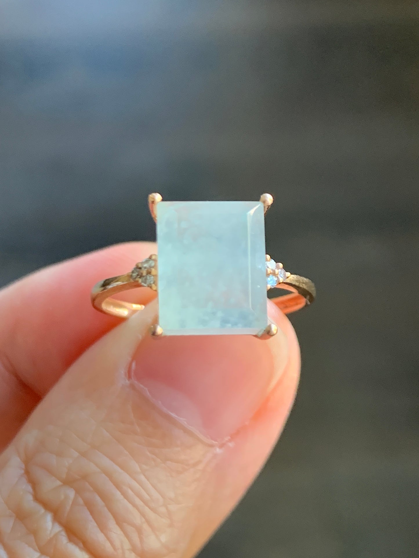 Certified Natural Grade A Icy Highly Translucent Pastel Green Emerald Cut Jadeite Ring 18K Rose Gold Diamonds Size 7 天然正冰晴底雪花棉翡翠切割面钻石镶嵌戒指