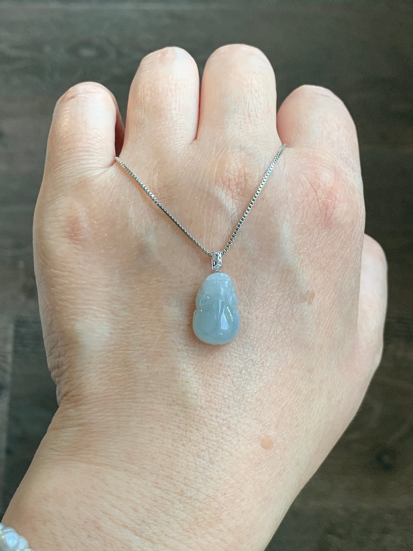 Natural Grade A Icy Translucent Gelatinous Pastel Dusty Blue Jade Jadeite Petite Pixiu Pendant 18K White Gold Bail 天然冰胶淡蓝翡翠貔貅吊坠 MTL250