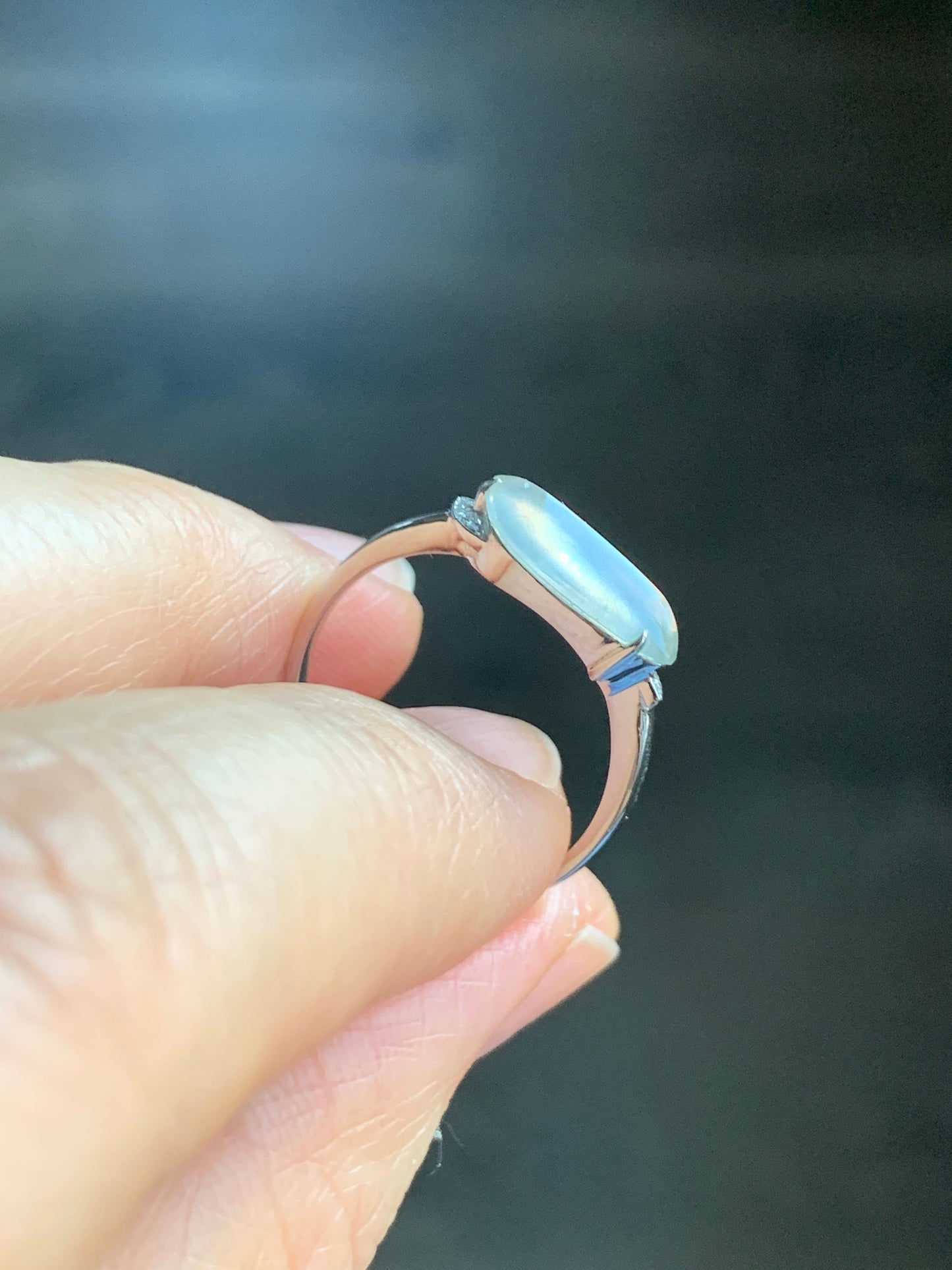 Certified Natural Grade A Icy Highly Translucent White Jadeite Horse Eye Cabochon Ring 18K White Gold Diamonds Size 7 天然起光白冰胶翡翠马眼随形镶嵌戒指 3889