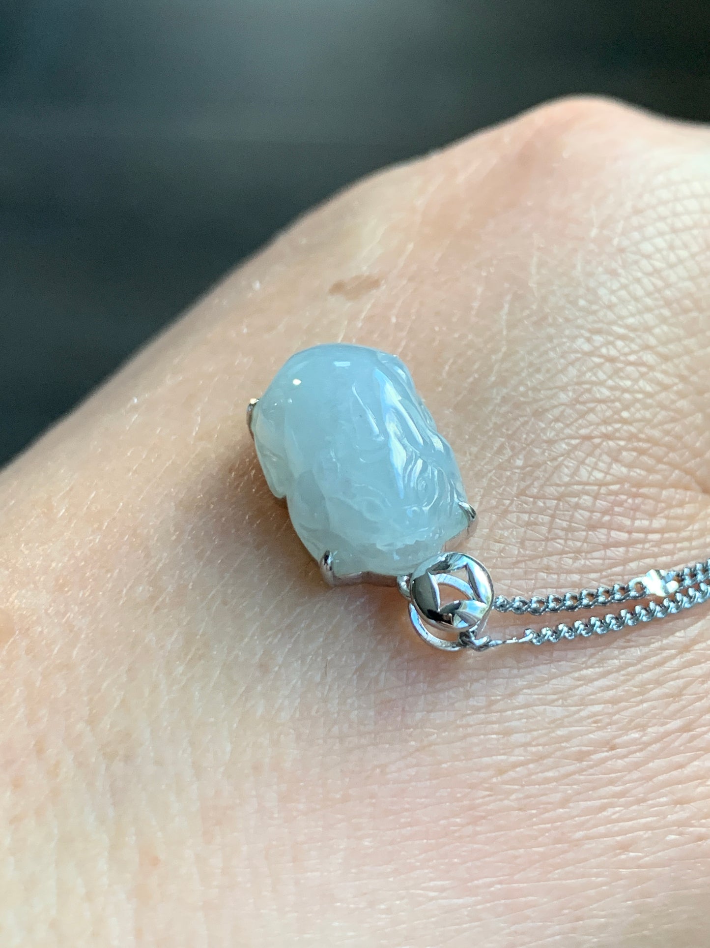 Certified Natural Grade A Icy Translucent Gelatinous Pastel Dusty Blue Jadeite Carved Petite Pixiu Pendant 18K White Gold 天然冰胶淡蓝翡翠貔貅镶嵌吊坠2296