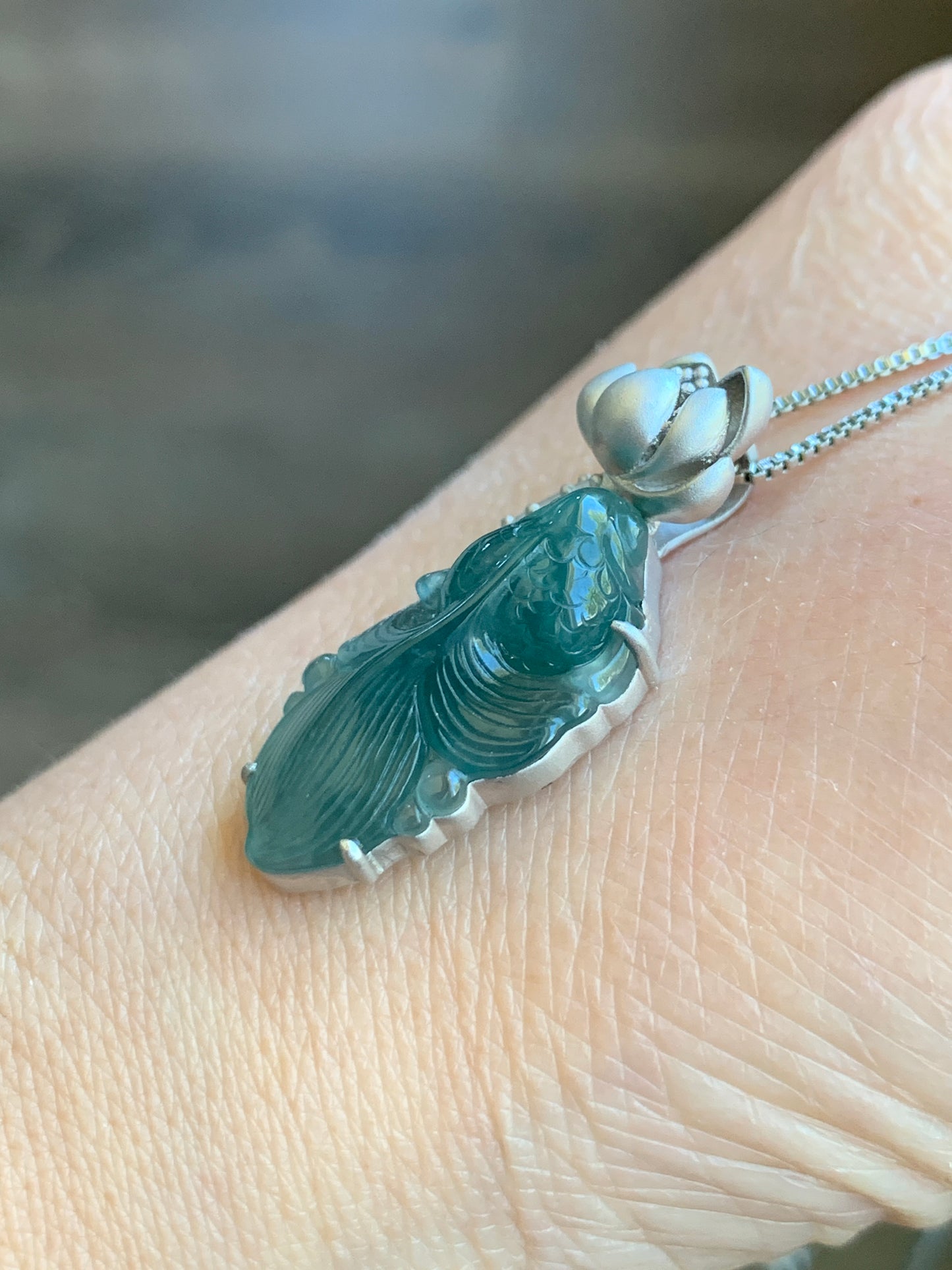 Certified Natural Guatemalan Premium Icy Highly Translucent Dark Teal Blue Jade Jadeite Goldfish Pendant Sterling Silver 天然冰危湖水蓝翡翠金鱼镶嵌吊坠 8618