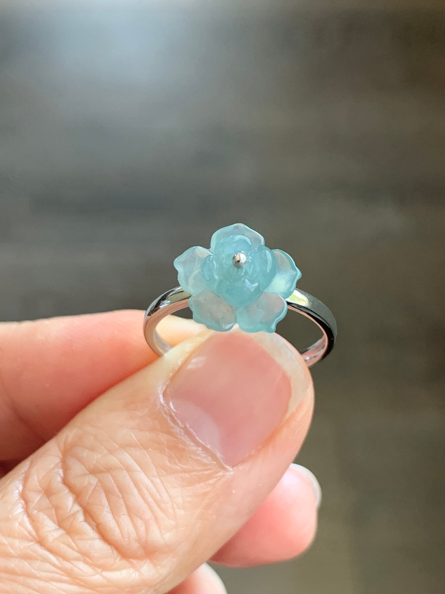 Certified Natural Guatemalan Icy Highly Translucent Light Blue Jade Jadeite Lotus Flower Ring 18K White Gold sz 7.25 2g 天然高冰危浅蓝翡翠莲花镶嵌戒指 3839