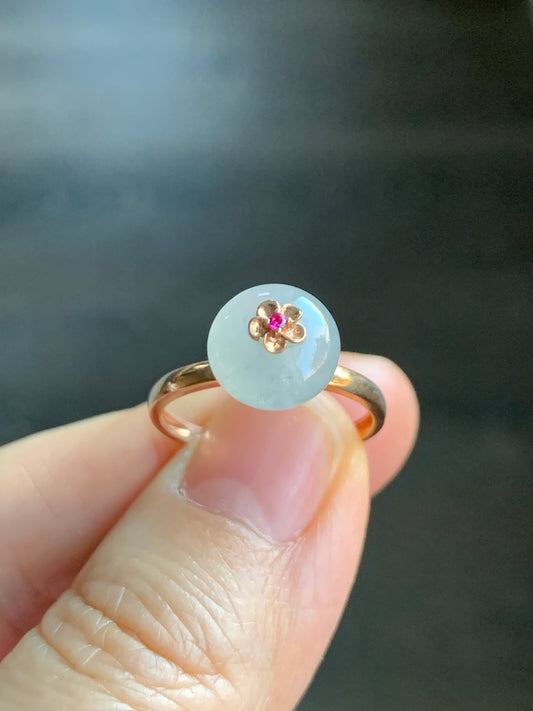 Certified Grade A Icy Highly Translucent Gelatinous White Jadeite Drum Bead Ring 18K Rose Gold & Ruby Sz 7 US 天然正白冰翡翠鼓珠红宝石K玫镶嵌戒指