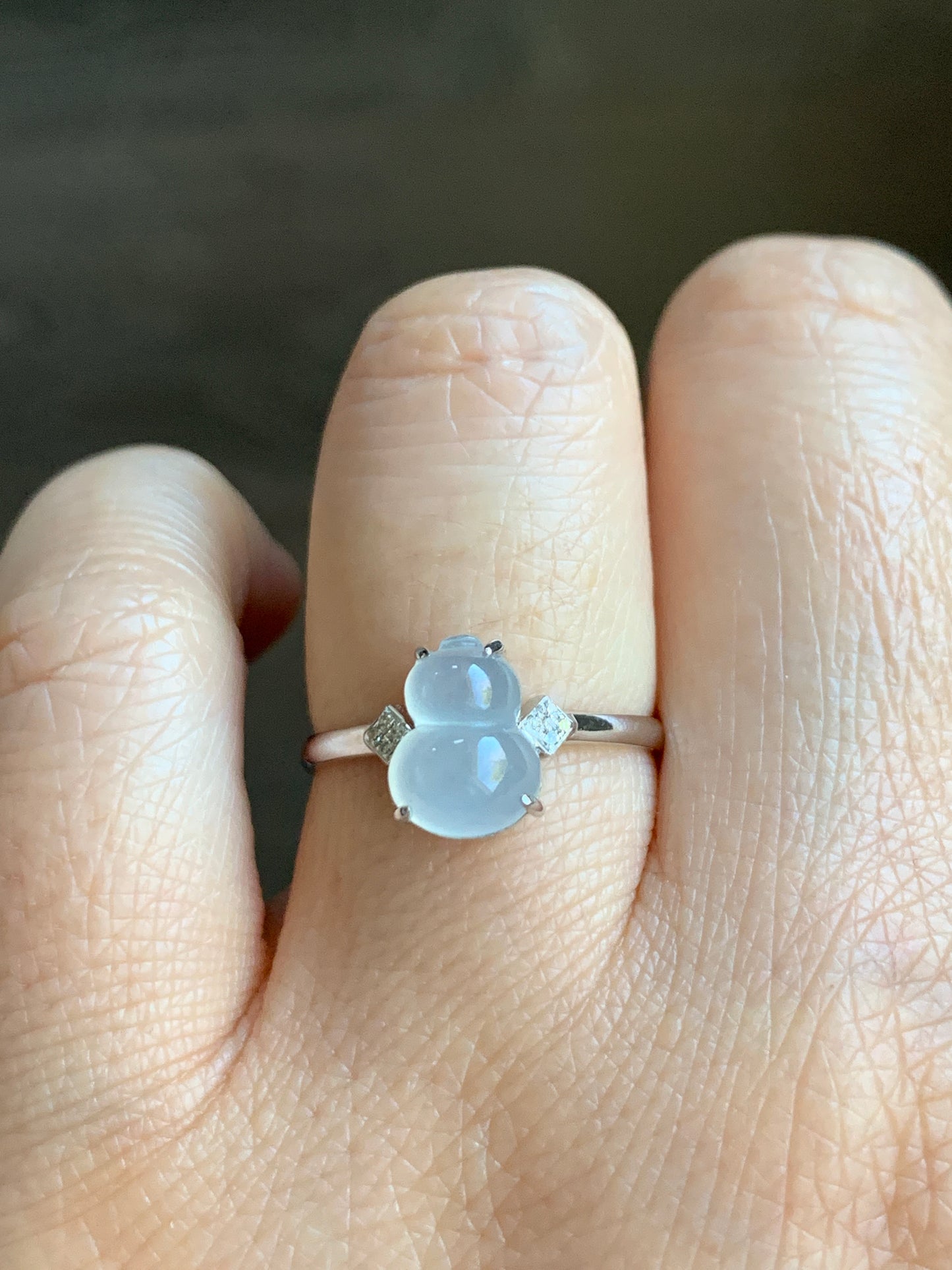 Certified Natural  Premium Highly Translucent Jadeite Hulu Gourd Ring 18K White Gold & Diamonds Sz 7 天然正冰起光起钢白冰葫芦钻石镶嵌戒指
