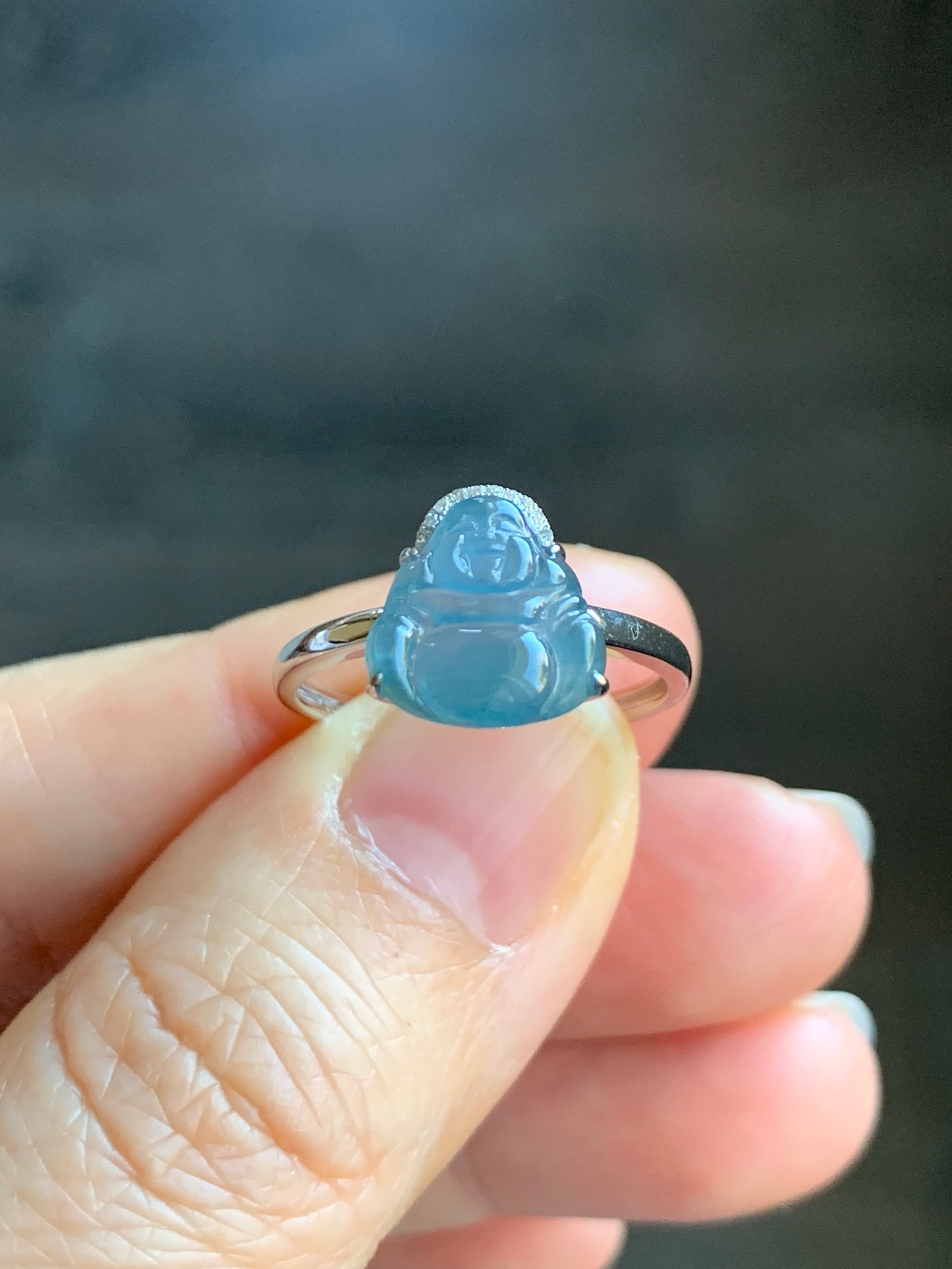 Certified Natural Guatemalan Highly Translucent Blue Jadeite Buddha & Diamond Ring 18K White Gold Size 7 天然高冰危蓝水翡翠佛公钻石镶嵌戒指