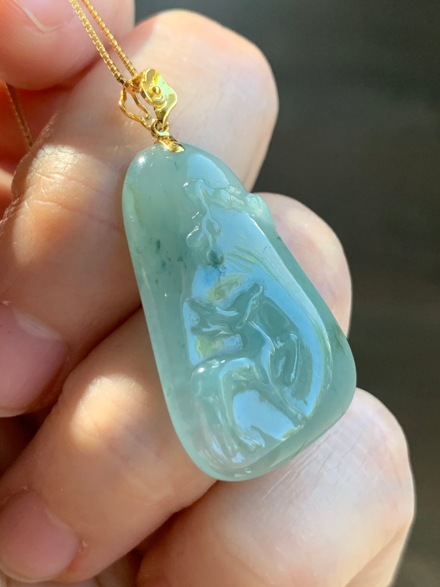 Certified Natural  grade A Icy Translucent Green Jadeite Deer Engraved Pendant with 18K Yellow Gold Bail 天然翡翠正冰满绿飘花鹿牌镶嵌吊坠