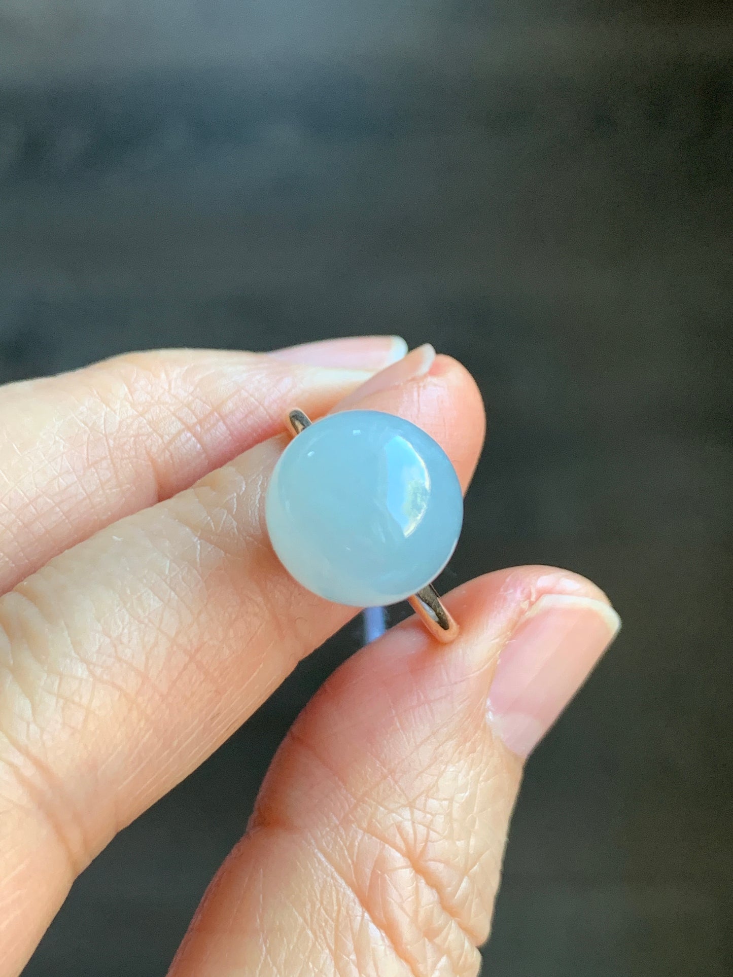 Certified Natural Grade A Icy Translucent Gelatinous Light Blue Jadeite Sphere Round Bead Ring 18K Rose Gold 4.71g sz 7 US 天然A货冰胶淡蓝翡翠单珠镶嵌戒指