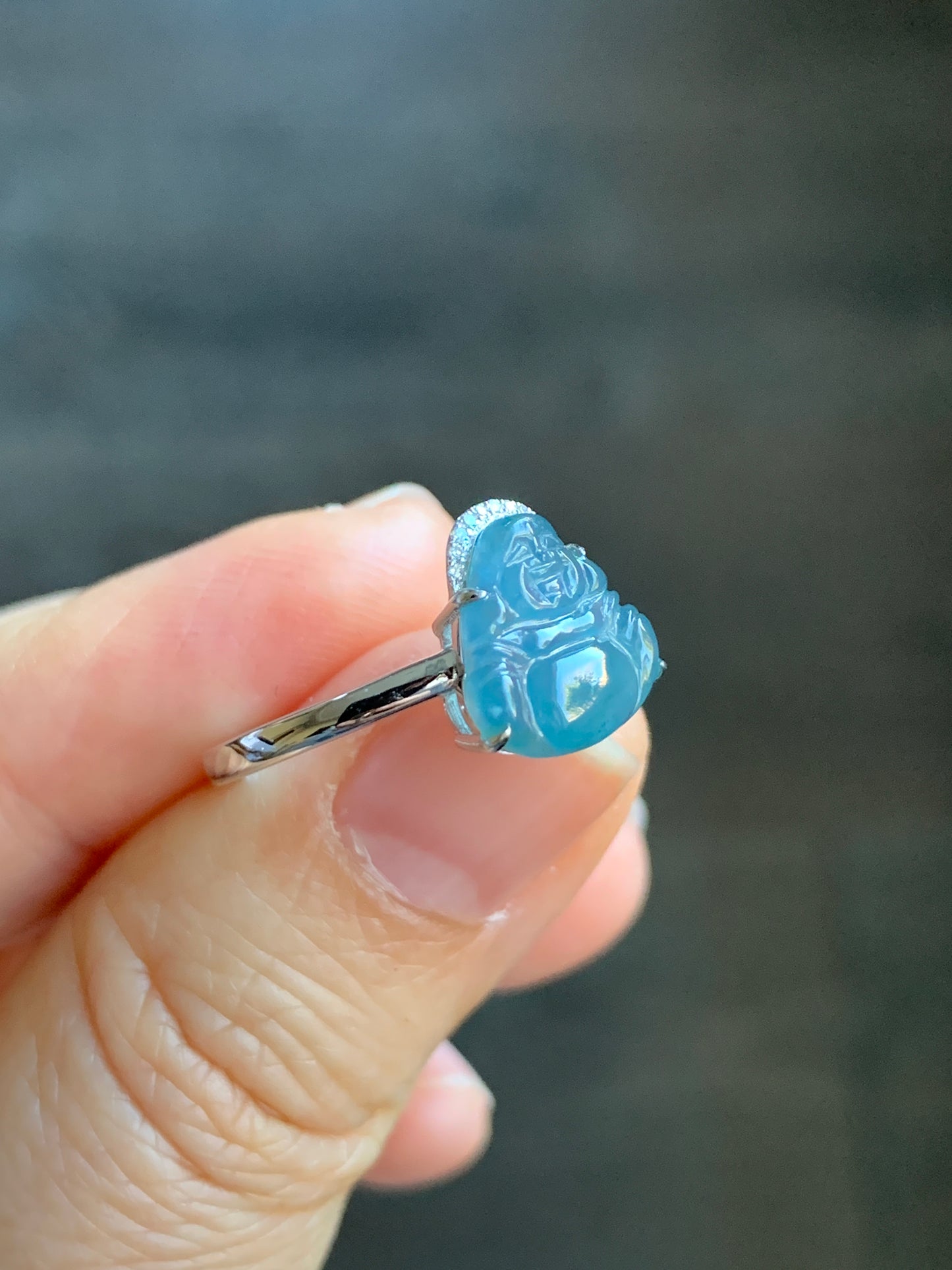 Certified Natural Guatemalan Highly Translucent Blue Jadeite Buddha & Diamond Ring 18K White Gold Size 7 天然高冰危蓝水翡翠佛公钻石镶嵌戒指