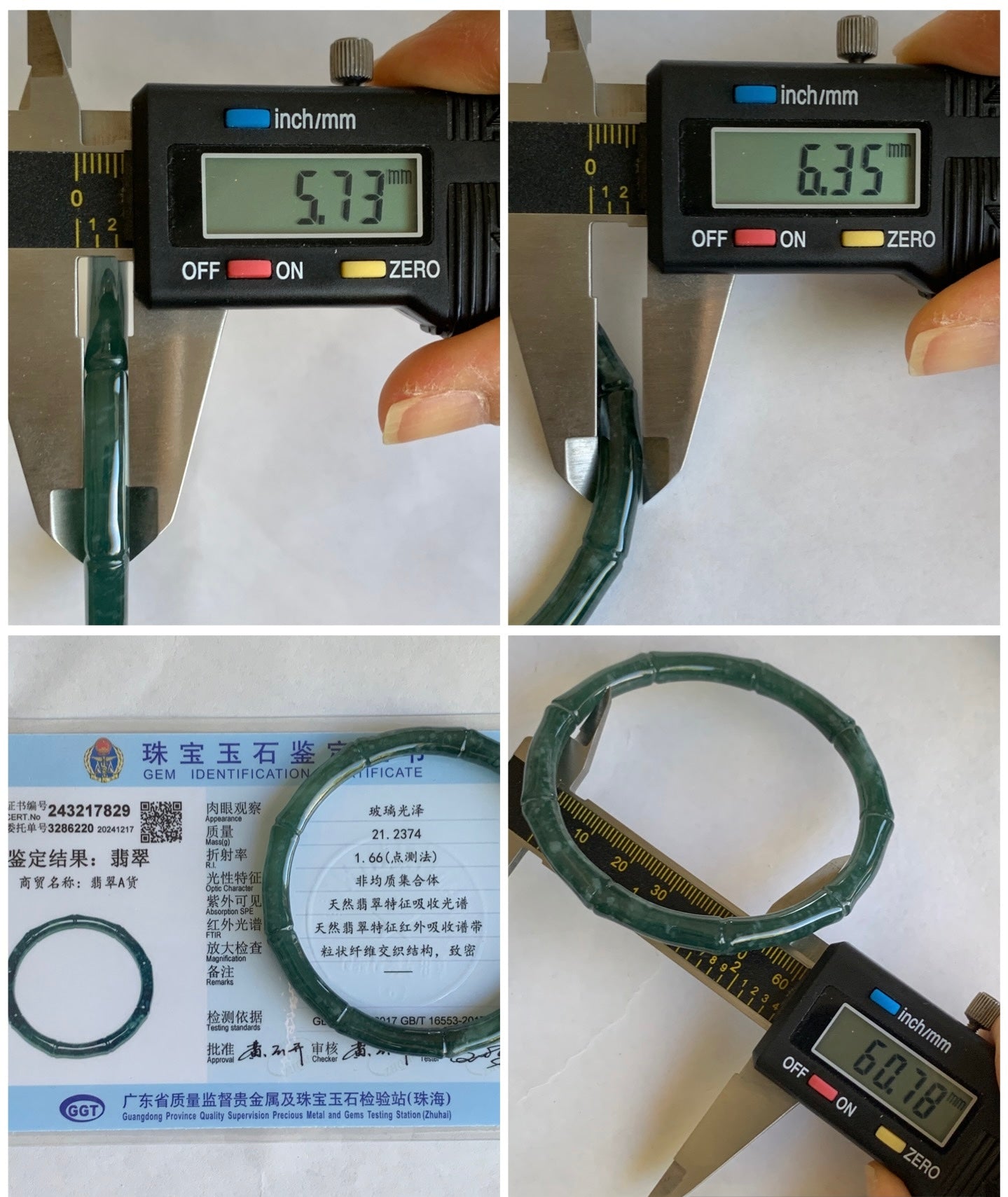 Certified Natural Grade A Icy Translucent Gelatinous Dark Teal Green Jadeite Carved Bamboo Bangle Bracelet 60.7mm 7.5” 21g 天然冰危深篮绿翡翠竹节手镯 7829