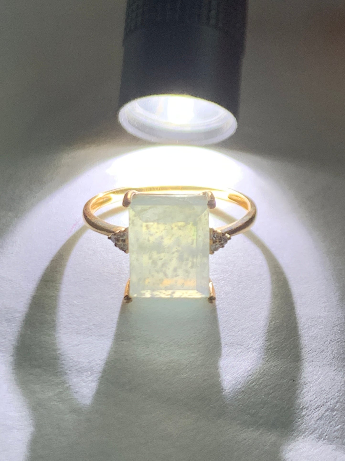 Certified Natural Grade A Icy Highly Translucent Pastel Green Emerald Cut Jadeite Ring 18K Rose Gold Diamonds Size 7 天然正冰晴底雪花棉翡翠切割面钻石镶嵌戒指