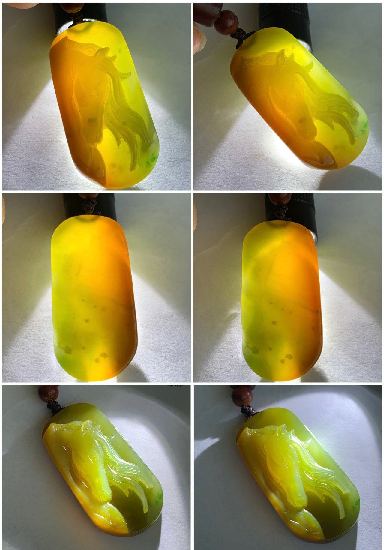 Stunning Natural Guatemalan grade A Icy Translucent Intense Yellow Jadeite w/ Green Marbling Horse Pendant Rope Necklace 天然冰危浓黄飘绿翡翠马牌吊坠挂件