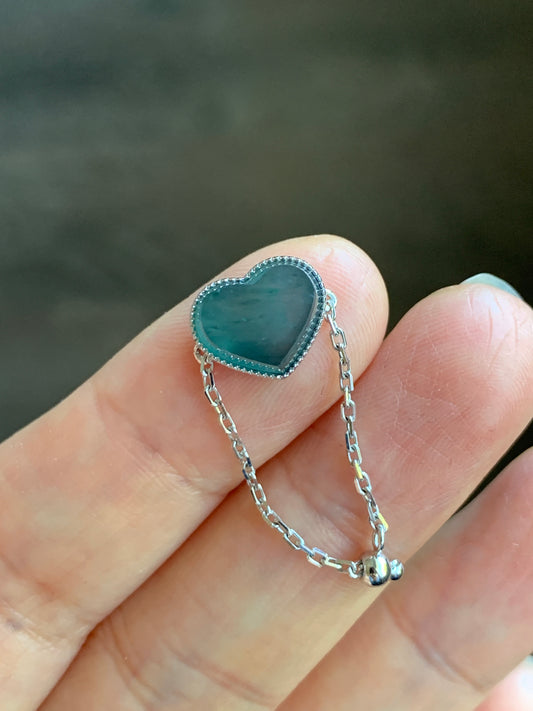 Certified Natural Grade A Icy Translucent Teal Blue Jadeite Faceted Heart Chain Ring 18K White Gold Adjustable 天然冰湖水蓝翡翠爱心镶嵌链戒