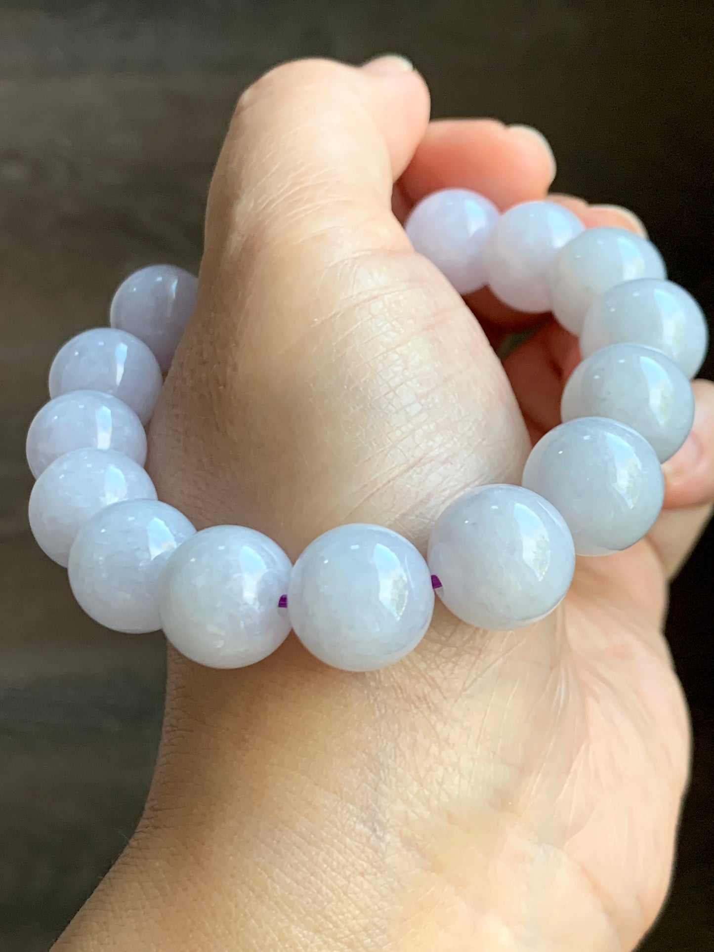 Certified Natural  Icy Translucent White Jadeite Light Lavender Undertone Beads Beaded Bracelet 13.4mm 8” 68.9g 天然冰胶紫底翡翠大卡手串 4100