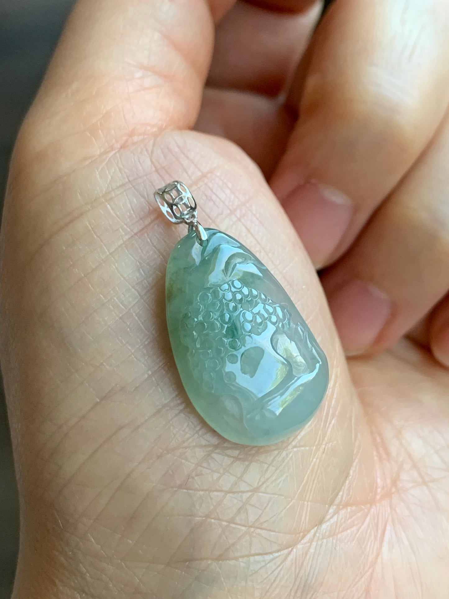 Natural  Icy Translucent Gelatinous Light Green Jadeite Shan Shui Pai Landscape Scenery Pendant 18K White Gold 5g 天然冰晴绿翡翠精工雕山水牌吊坠