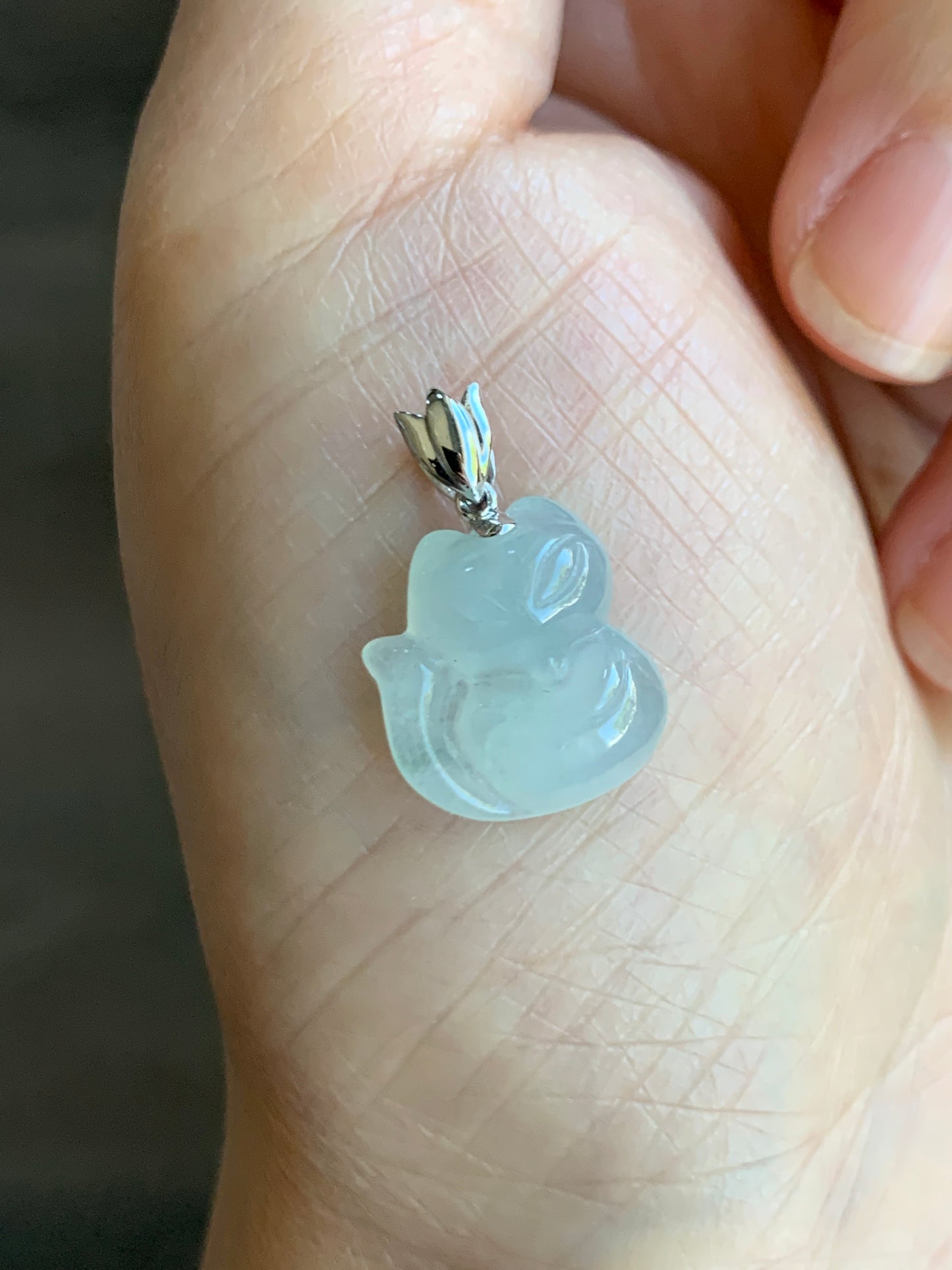 Certified Natural  Icy Translucent & Gelatinous White Jadeite 3D Carved Nine-Tailed Fox Pendant 18K White Gold 天然白冰起胶翡翠九尾狐狸吊坠