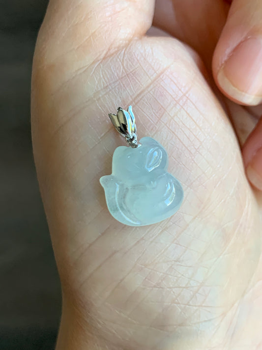 Certified Natural  Icy Translucent & Gelatinous White Jadeite 3D Carved Nine-Tailed Fox Pendant 18K White Gold 天然白冰起胶翡翠九尾狐狸吊坠