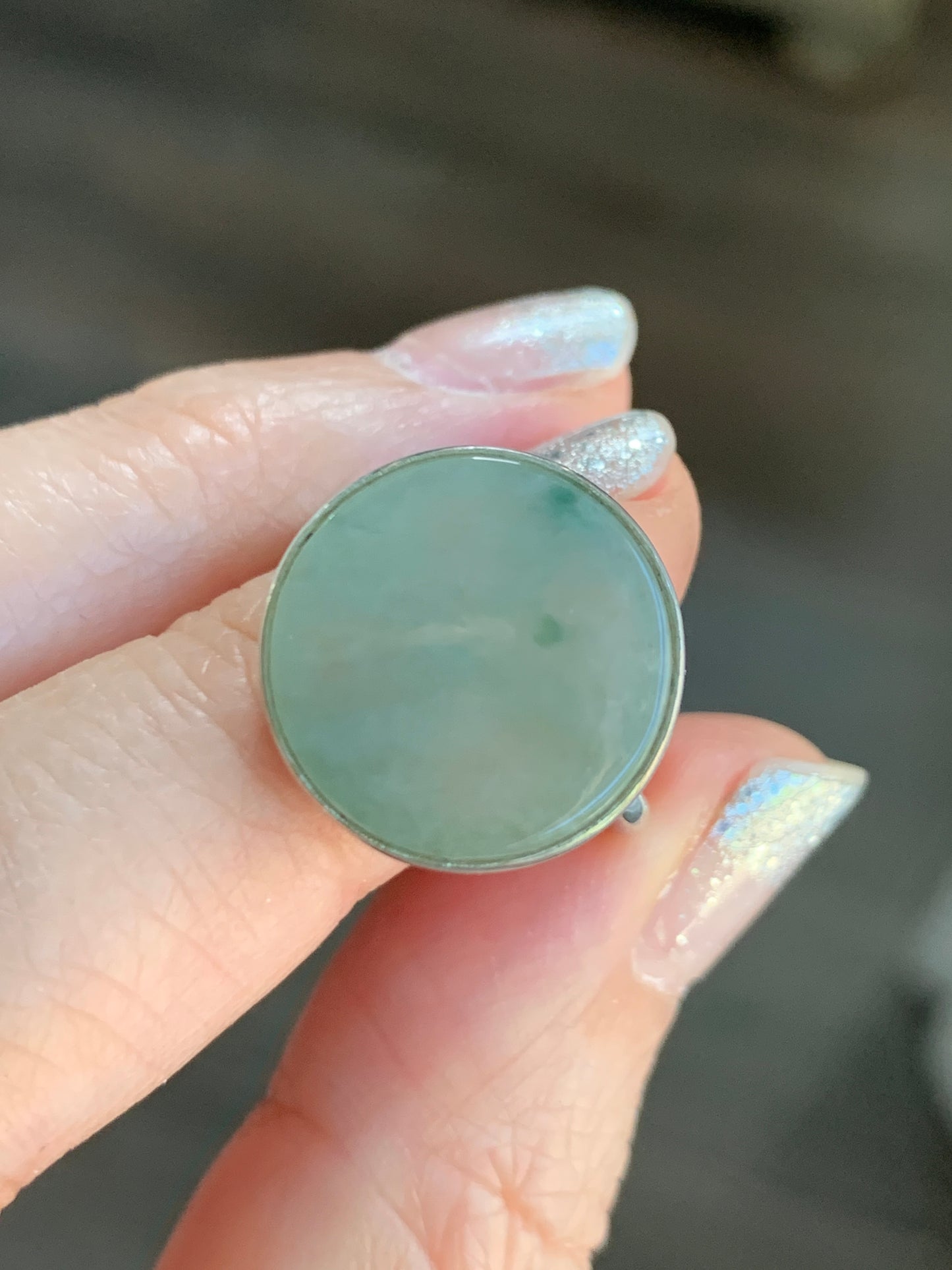 Natural Grade A Icy Translucent Gelatinous Dusty Green w/ Green Marbling Jade Jadeite Disc Ring S925 Silver Size Adjustable 天然晴绿飘花翡翠无事牌银镶戒指 WSP