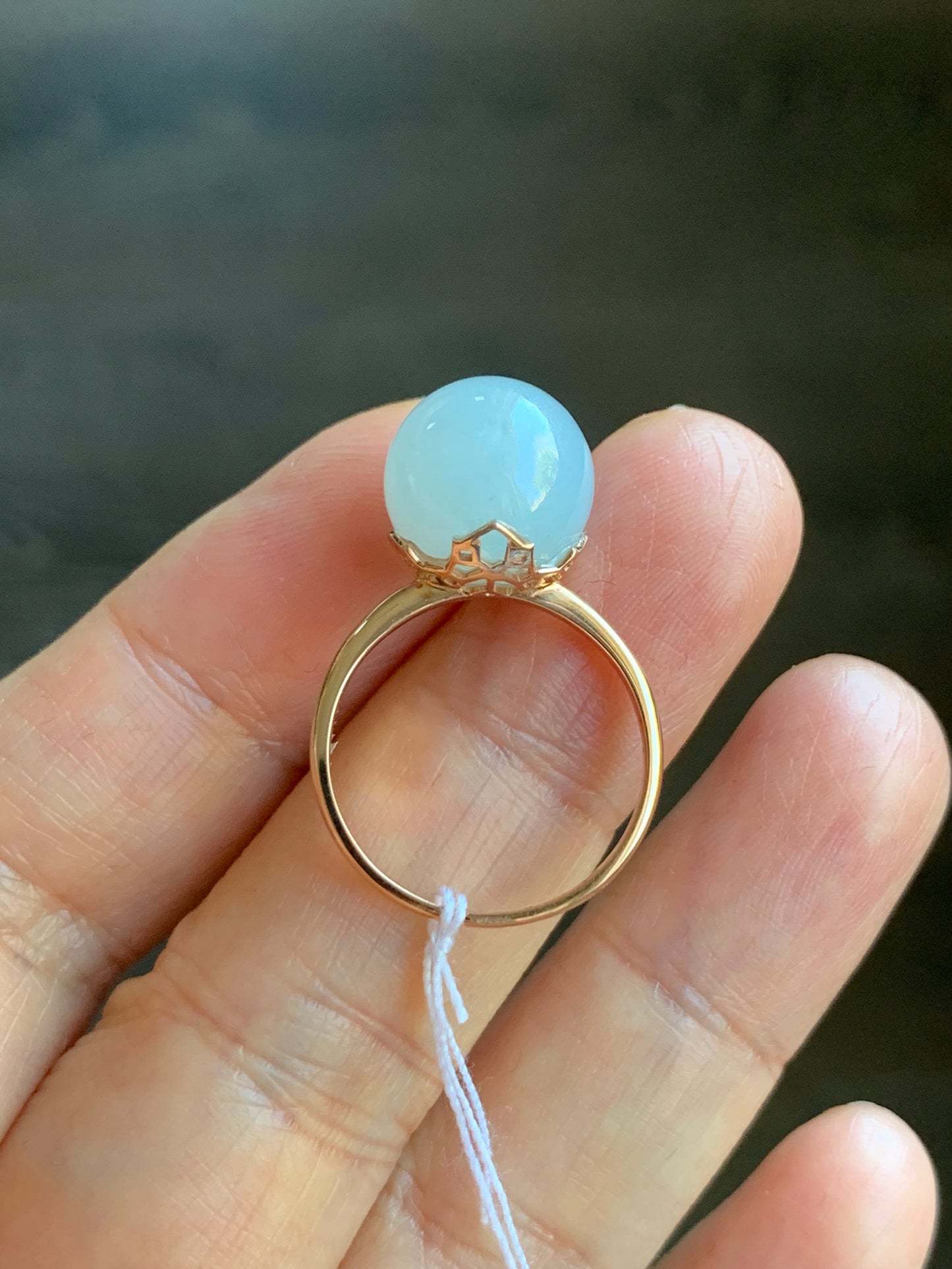 Certified Natural Grade A Icy Translucent Gelatinous Light Blue Jadeite Sphere Round Bead Ring 18K Rose Gold 4.71g sz 7 US 天然A货冰胶淡蓝翡翠单珠镶嵌戒指