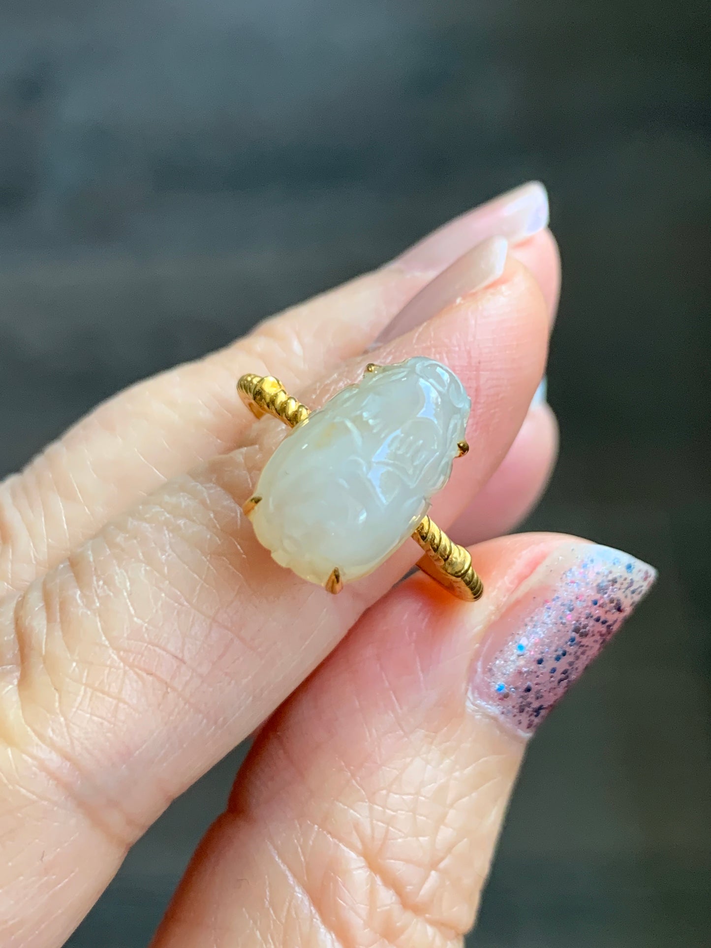 Certified Natural Grade A Icy Translucent Gelatinous Light Beige Jadeite Pixiu Ring Size 7 18K Yellow Gold 3.55g 天然冰胶雪梨黄翡翠貔貅镶嵌戒指 7063