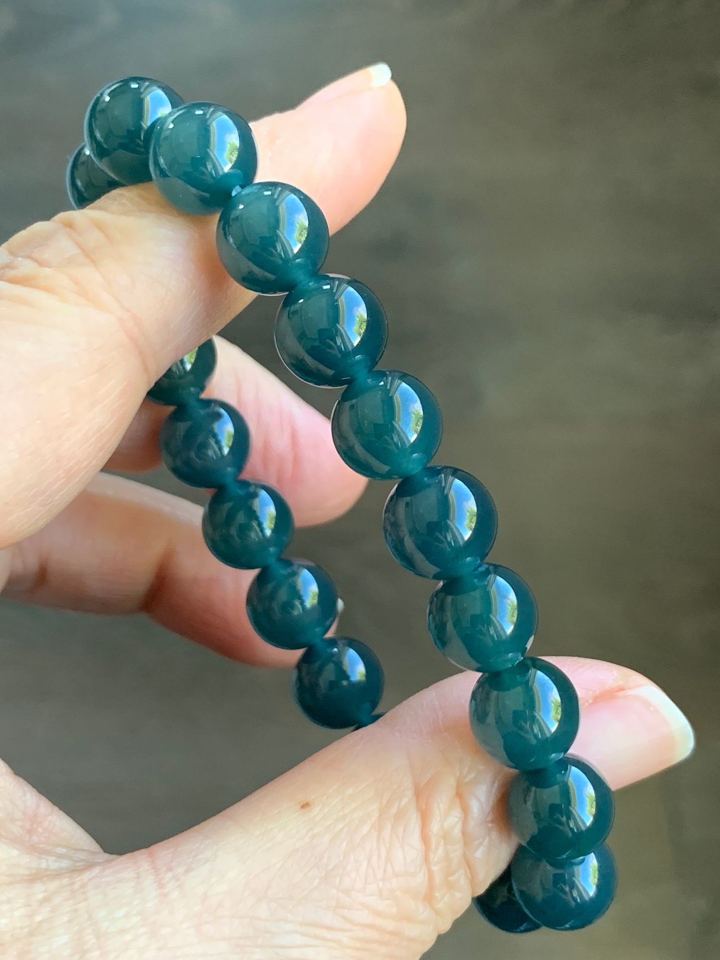 Certified Natural Grade A Icy Highly Translucent Gelatinous Dark Teal Blue Jadeite Beaded Bracelet 9.9mm 7.25” 33g 7817