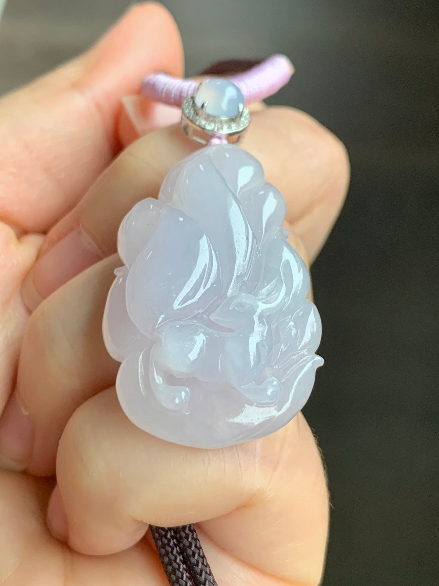 Certified Natural Grade A Icy Translucent Pastel Pinkish Purple Jadeite Carved Nine-Tailed Fox Pendant Rope Necklace 27” 天然冰胶淡粉紫翡翠九尾狐吊坠 3269