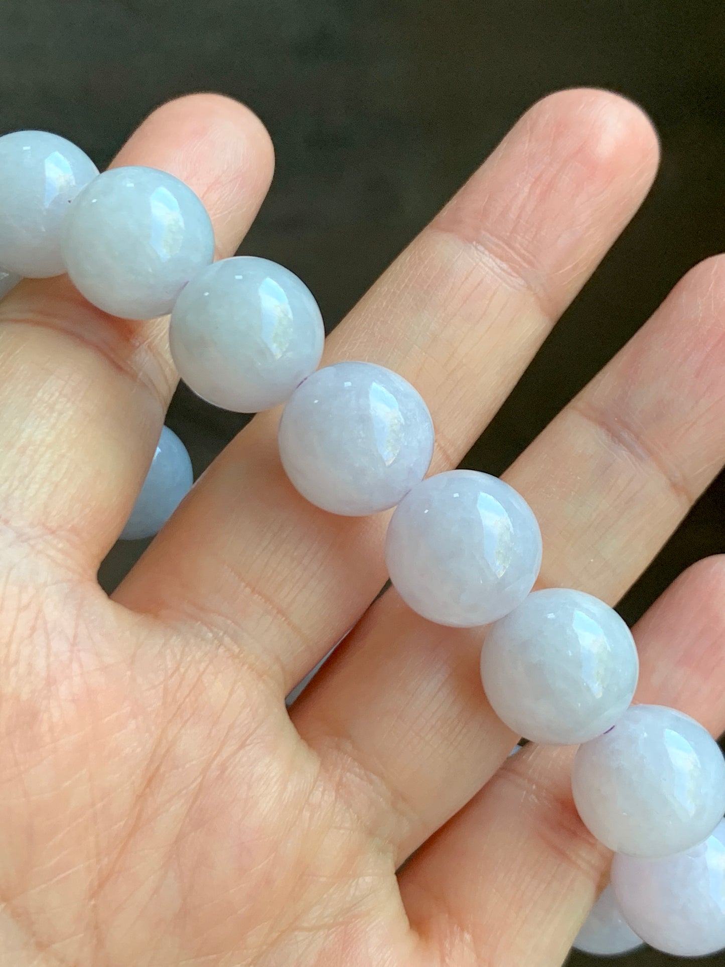 Certified Natural  Icy Translucent White Jadeite Light Lavender Undertone Beads Beaded Bracelet 13.4mm 8” 68.9g 天然冰胶紫底翡翠大卡手串 4100