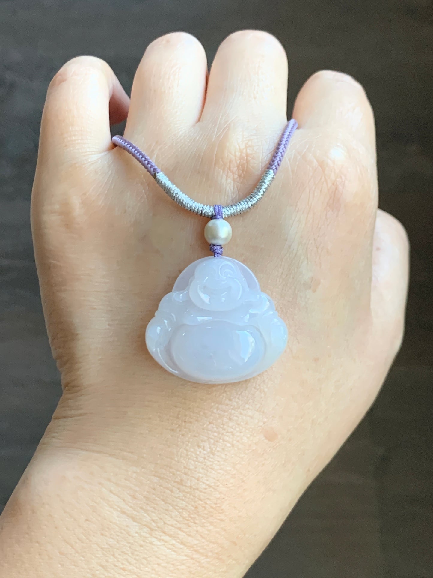 Certified Natural  Icy Translucent Pale Purple Jadeite Buddha Pendant Rope Necklace Sterling Silver 23” 天然冰淡紫底翡翠佛公吊坠 7076