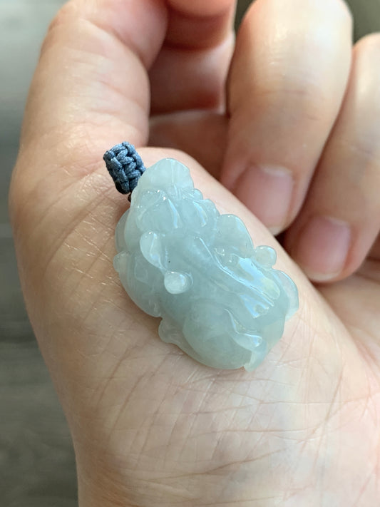 Natural Grade A Icy Translucent Gelatinous Pastel Dusty Blue Jadeite Pixiu Pendant Rope Bail with Black Cord Necklace 11g 天然冰胶淡蓝翡翠貔貅吊坠